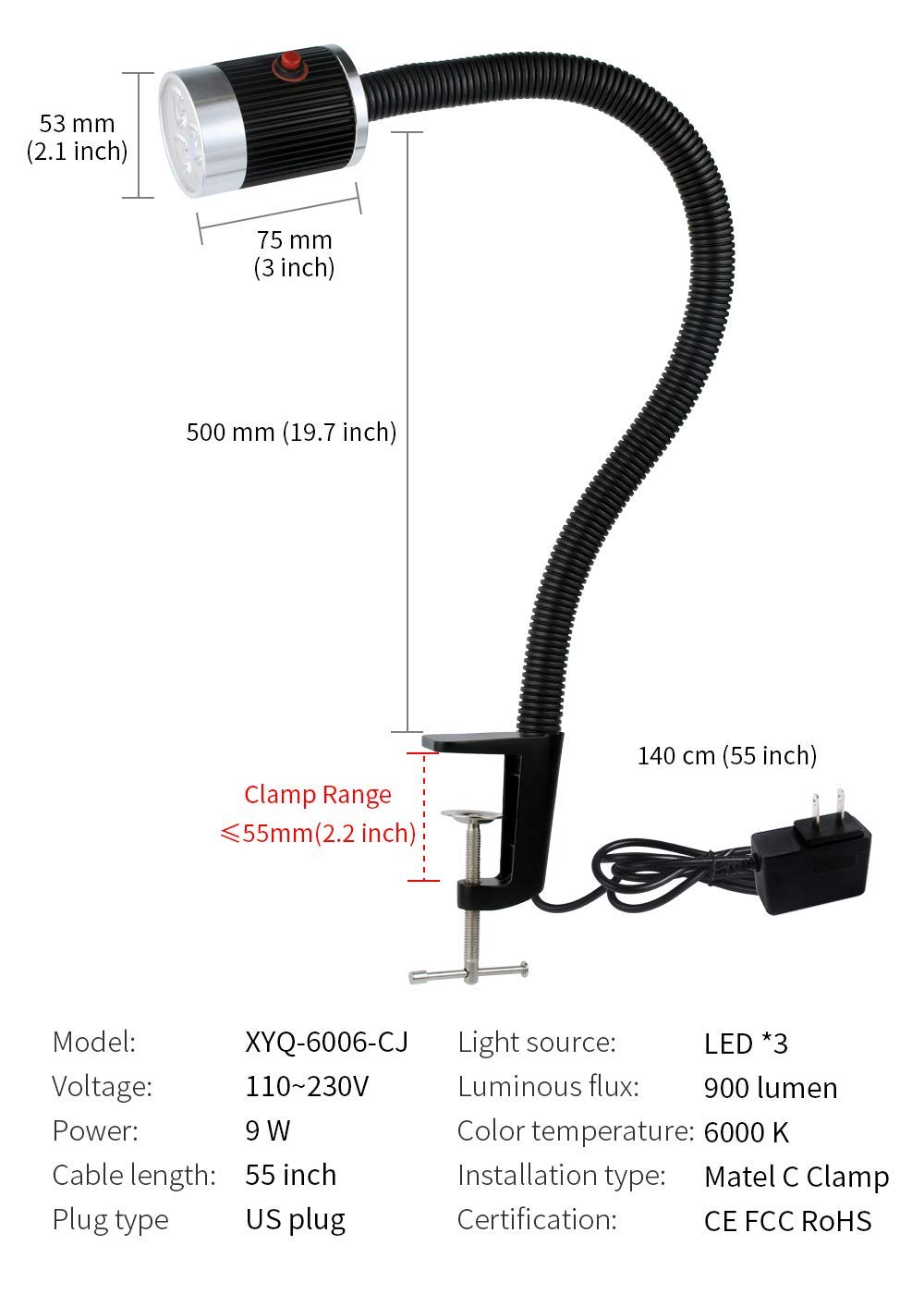 900 Lumen Gooseneck LED Machine Light with C-Clamp - 120V Industrial Work Lamp for Lathe, Milling & CNC Tools | Workshop, Garage & Factory Lighting Solution