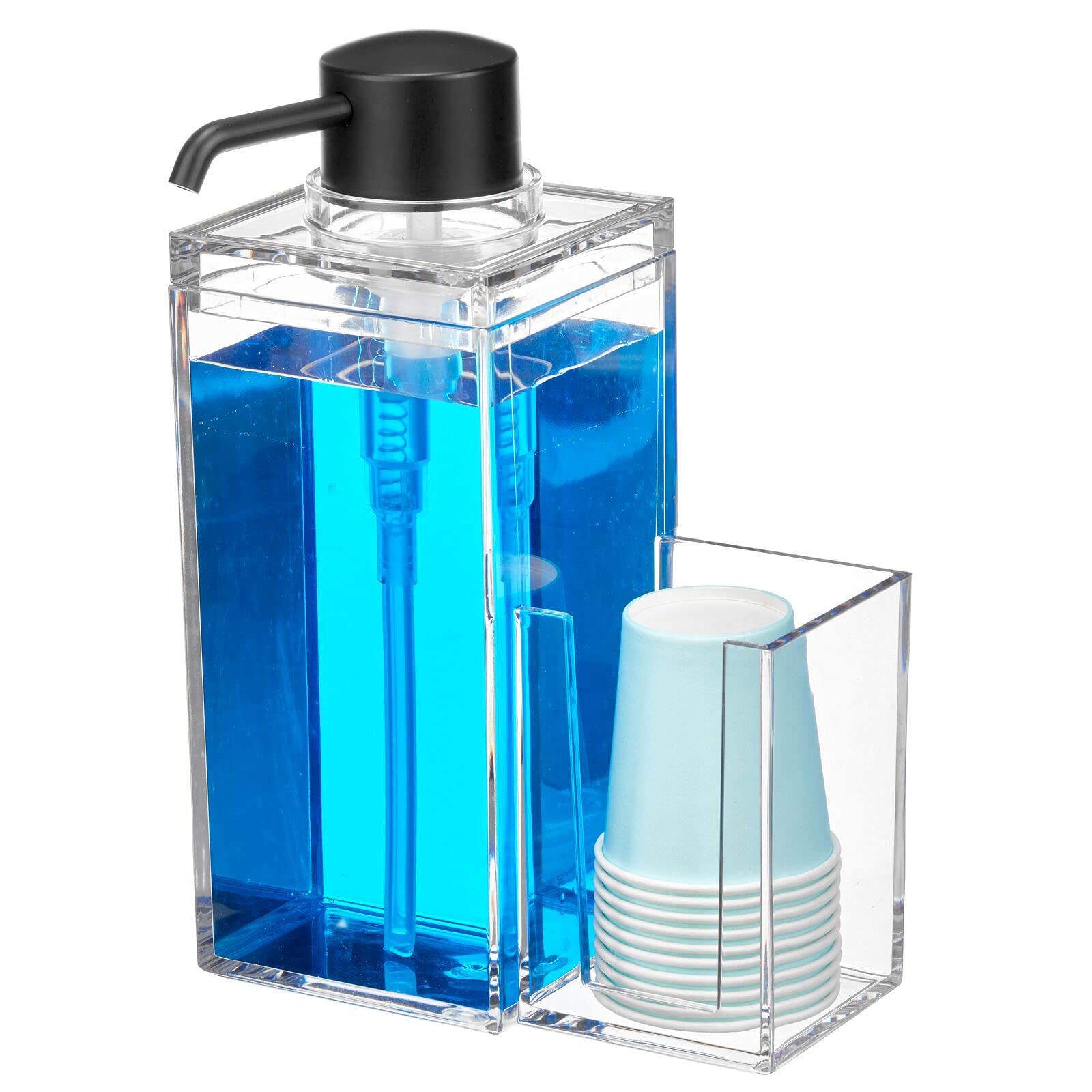 mDesign Modern Plastic Mouthwash Pump Caddy with 8 Disposable Cups - Bathroom Countertop Organizer for Toothbrush, Toothpaste & Dental Care Essentials - Space Saving Storage for Vanity, Cupboard & Small Spaces (Clear/Matte Black) - Perfect for Morning Routine & Guest Bathrooms