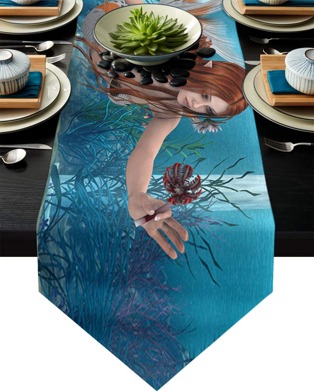 Futuregrace Mermaid in The Deep Sea Table Runner - 14x72 Inch Modern Farmhouse Dinner Table Cover for Coffee Table, Party & Home Decor - Perfect for Beach Themed Parties, Coastal Dining Room Decor, and Mermaid Birthday Celebrations