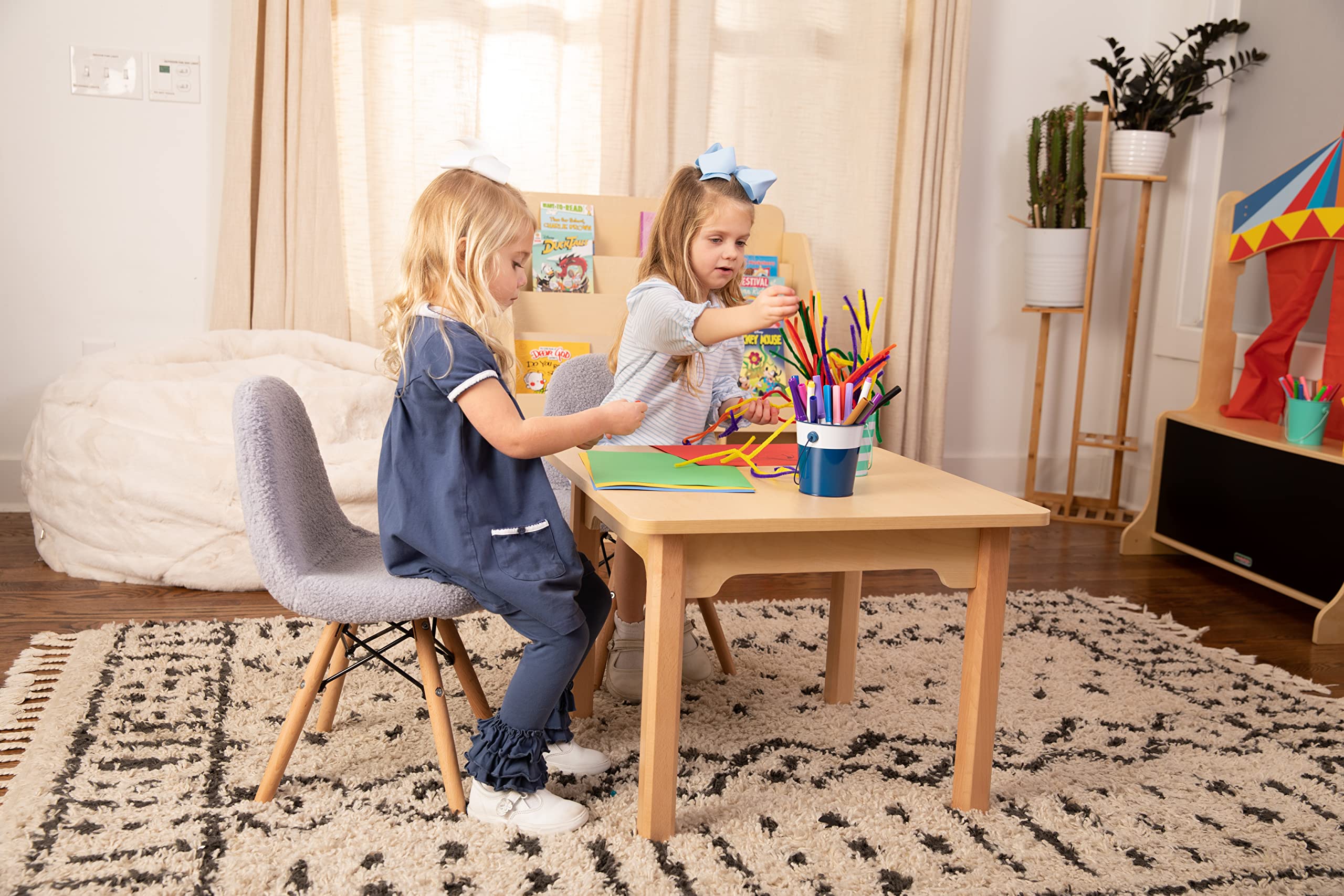 EMMA + OLIVER Set of 2 Kids Accent Chairs with Gray Faux Shearling Seat & Solid Wood Base - Easy 10-Minute Assembly - Perfect for Bedroom, Playroom or Reading Nook - Beechwood Legs Children's Side Chairs