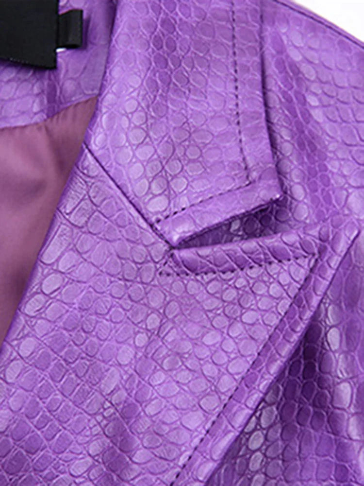 Stylish Oversized Purple Crocodile Print Faux Leather Blazer for Women - Long Sleeve Double Breasted Y2K Fashion Jacket | Perfect for Office Wear, Night Out & Retro Outfits