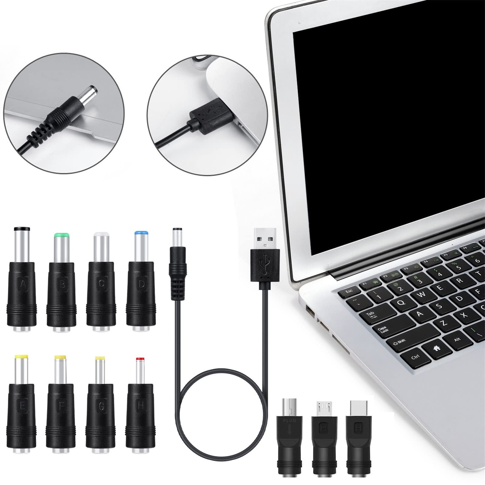 Universal 5V USB to DC Power Cable 1.5M with 13 Interchangeable Connectors (5.5x2.1mm/5.5x2.5mm/Type C/Micro USB/Mini USB) - Compatible with LED Strips, CCTV Cameras, Routers & Electronic Devices
