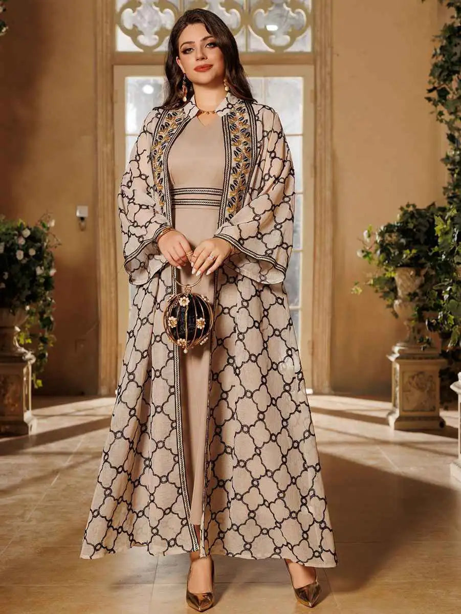 Muslim Women's 2-Piece Eid Caftan Dress Set with Doris Embroidery - Elegant Islamic Prayer Outfit for Ramadan & Special Occasions