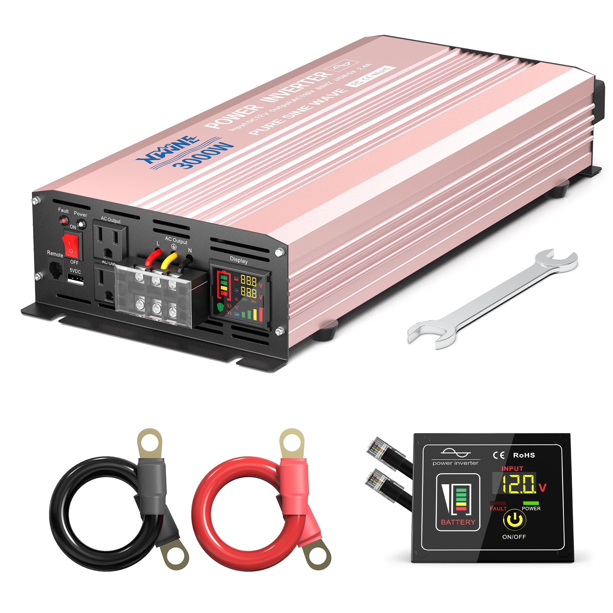 3000W Pure Sine Wave Power Inverter - 12V DC to 120V AC Converter with 6000W Peak, Remote Control, LED Display, 2 USB Ports & 3 AC Outlets - for RV, Solar System, Home Backup Power & Outdoor Use