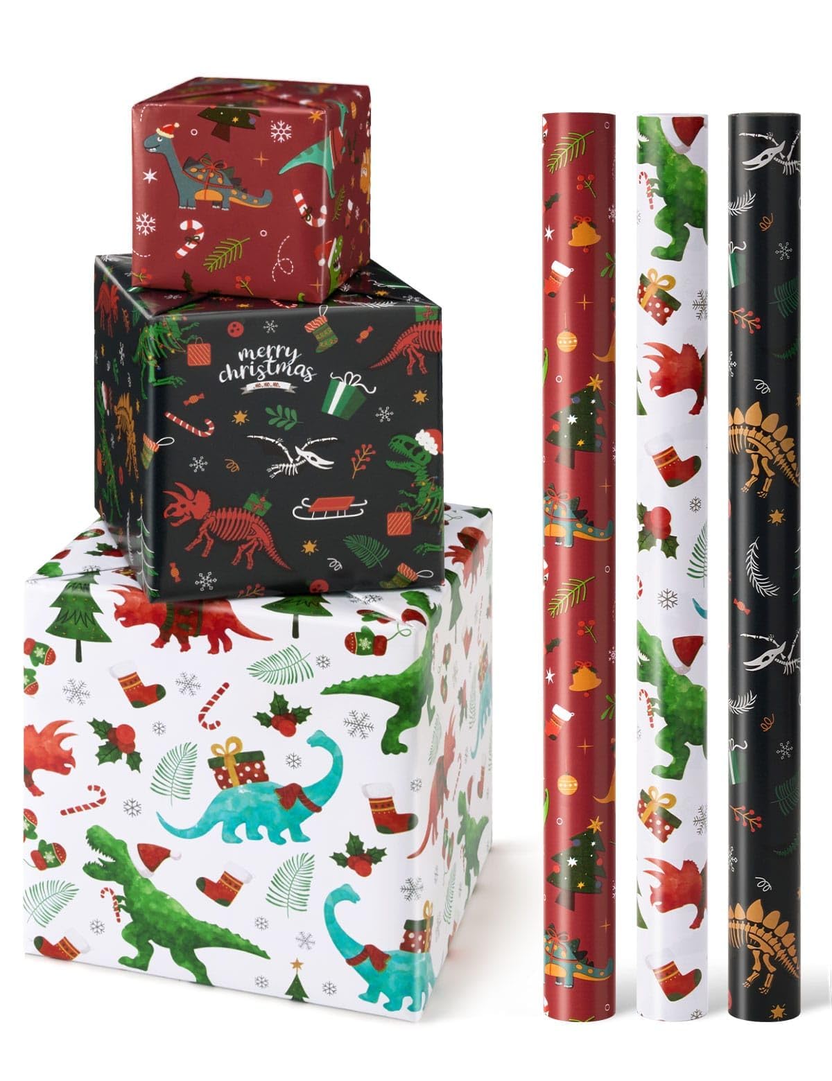 WERNNSAI Christmas Wrapping Paper for Kids - 3 Rolls Dinosaur Themed Holiday Gift Wrap (17