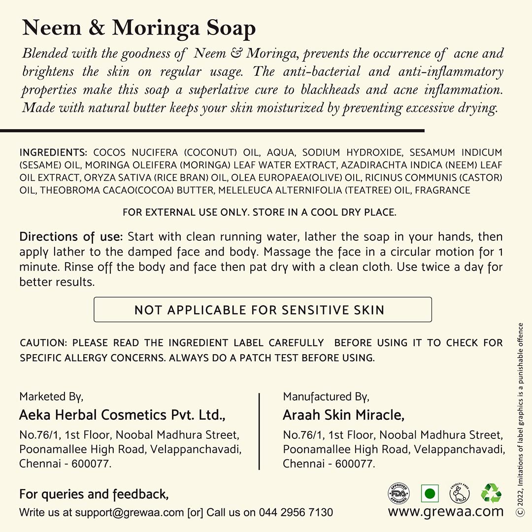 **Grewaa Neem & Moringa Soap for Acne, Pimples & Dry Skin – Cold-Processed 100% Natural with Neem, Moringa & Olive Oil (75g) – Gentle Cleansing for Face & Body – Perfect for Sensitive & Problem Skin**