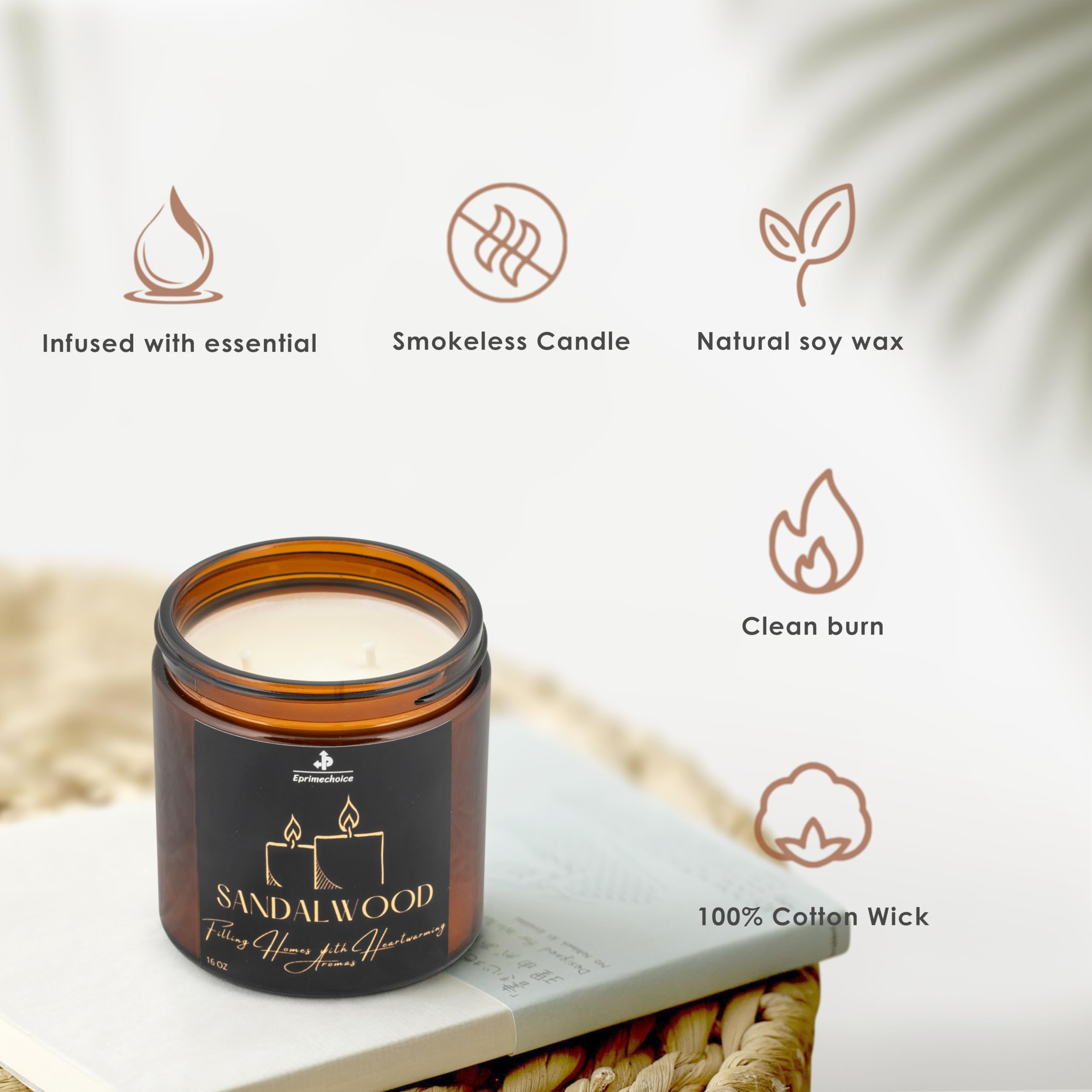 Premium Sandalwood Scented Soy Candle - Handmade Aromatherapy Candle for Relaxation & Stress Relief - Long Lasting 16oz Amber Jar Candle - Perfect for Home Decor, Yoga Meditation & Romantic Gifts for Men and Women