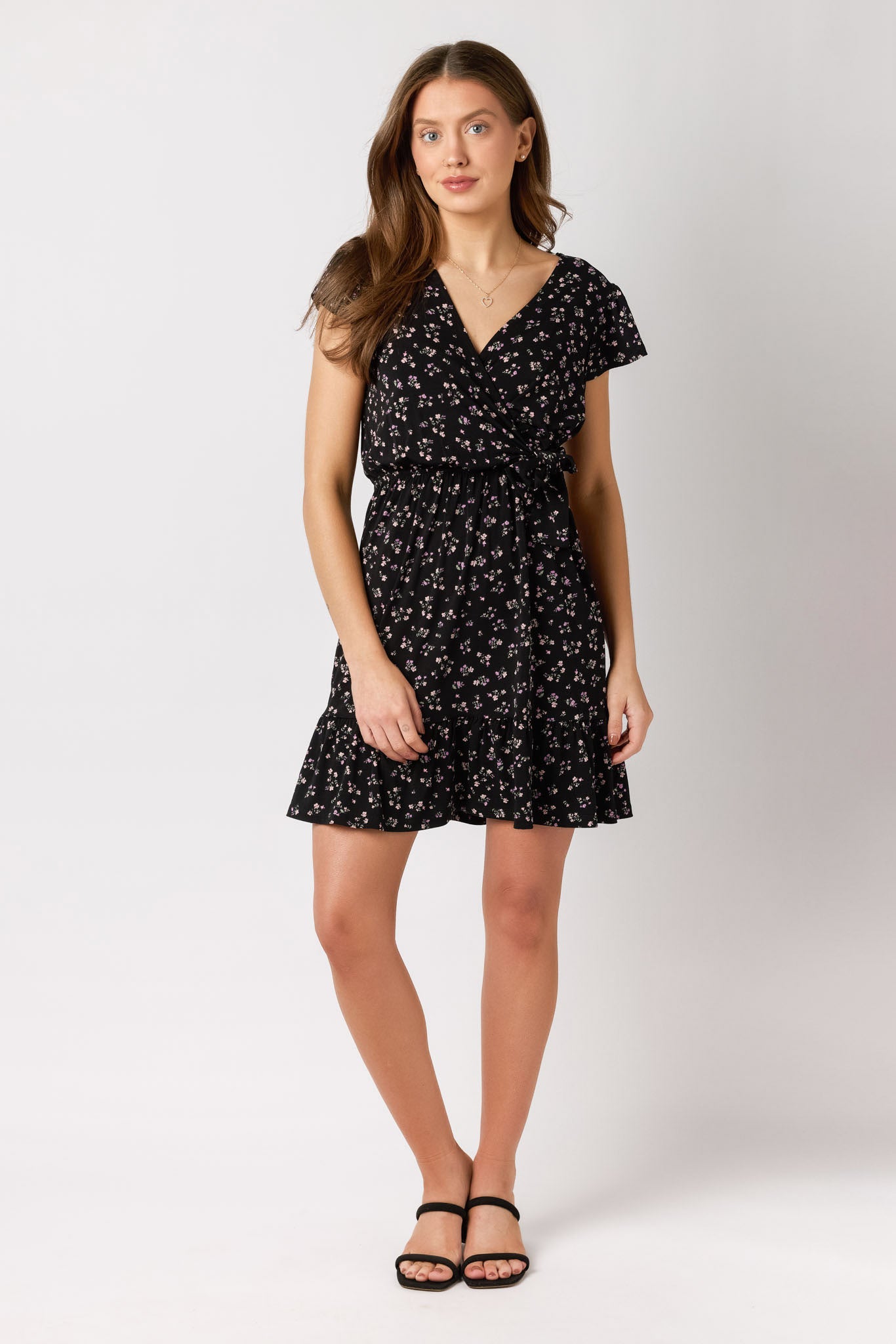 Ditsy Bloom Flutter Sleeve Crossover Dress for Women - Floral Print Summer Midi Dress with Ruffled Hem | Perfect for Beach Vacations, Garden Parties & Date Nights