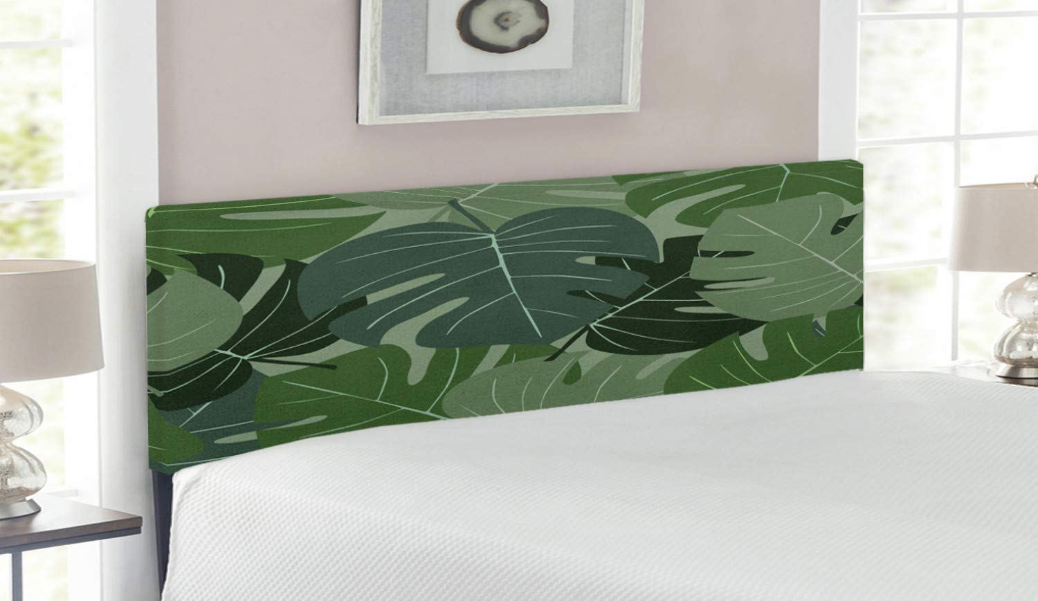 Ambesonne Queen Size Upholstered Headboard - Forest Green Camouflage Palm Leaf Design, Tropical Nature Themed Foliage with Memory Foam, Decorative Metal Bed Frame in Sage Green | Perfect for Bedroom Makeovers & Boho Chic Decor