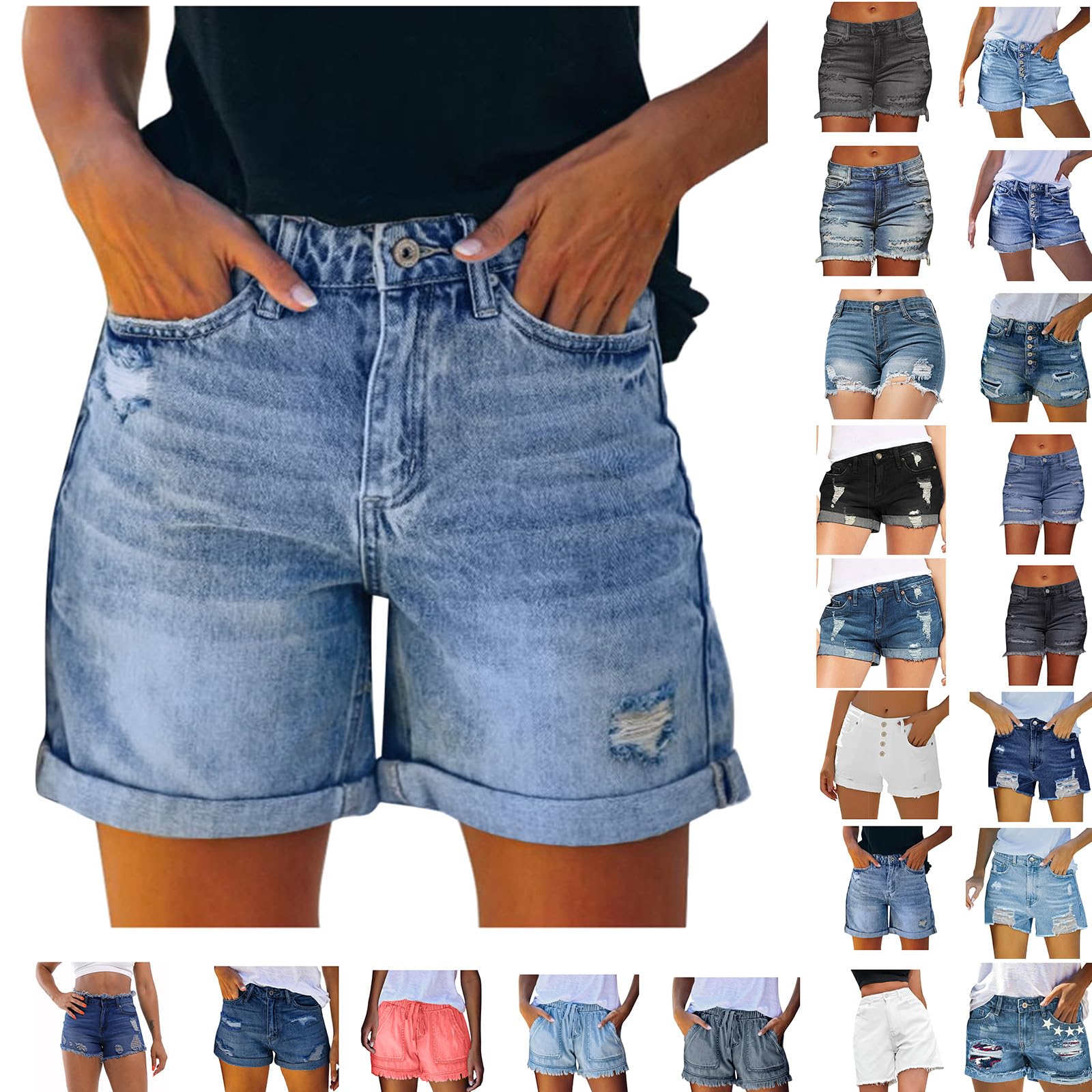 JEGULV Women's High Waisted Ripped Denim Shorts - Summer Stretchy Jeans with Pockets for Casual Outings
