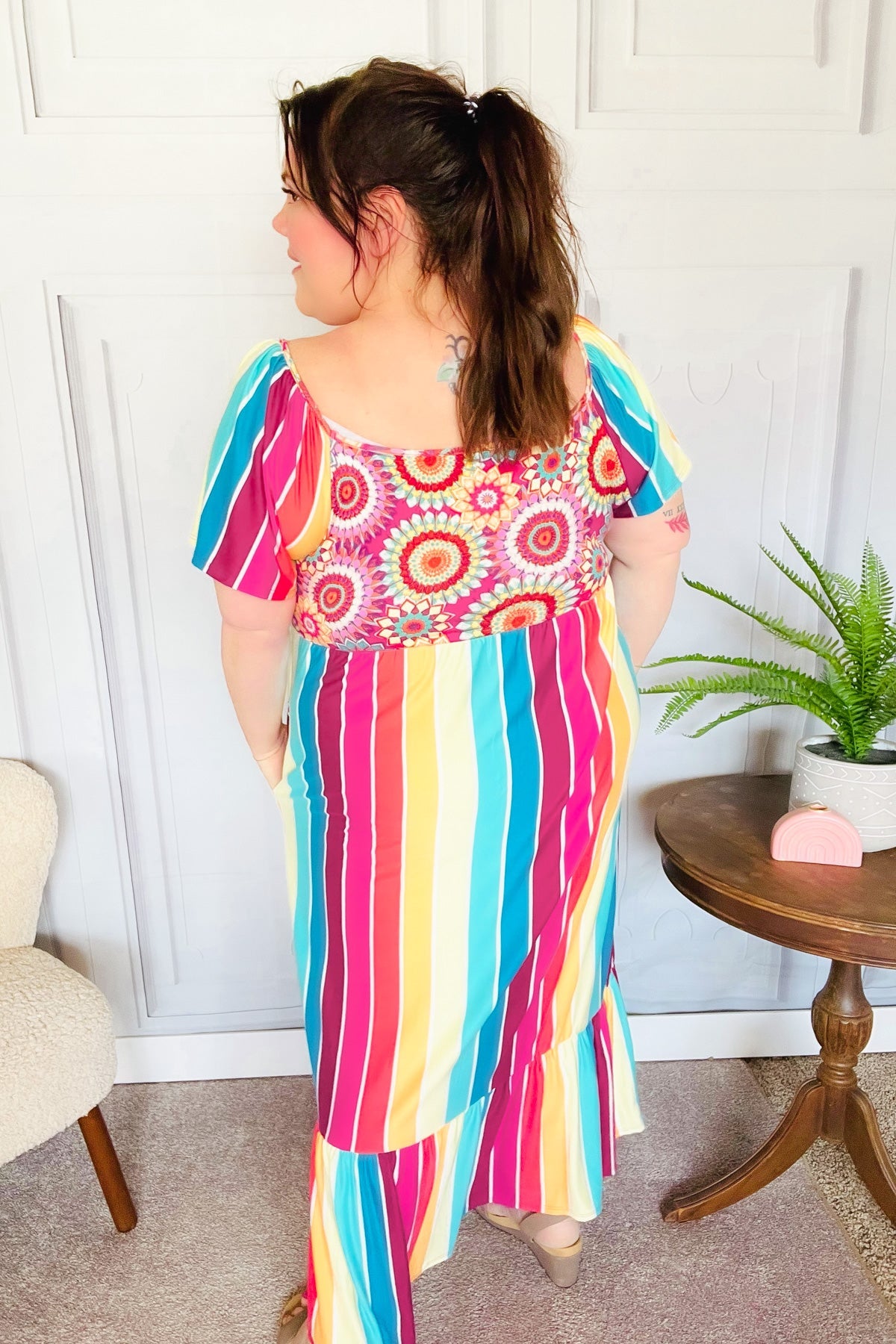 Stylish Fuchsia & Teal Striped Crochet Print Women's Top | Boho Chic Blouse for Summer | Perfect for Beach Vacations & Music Festivals