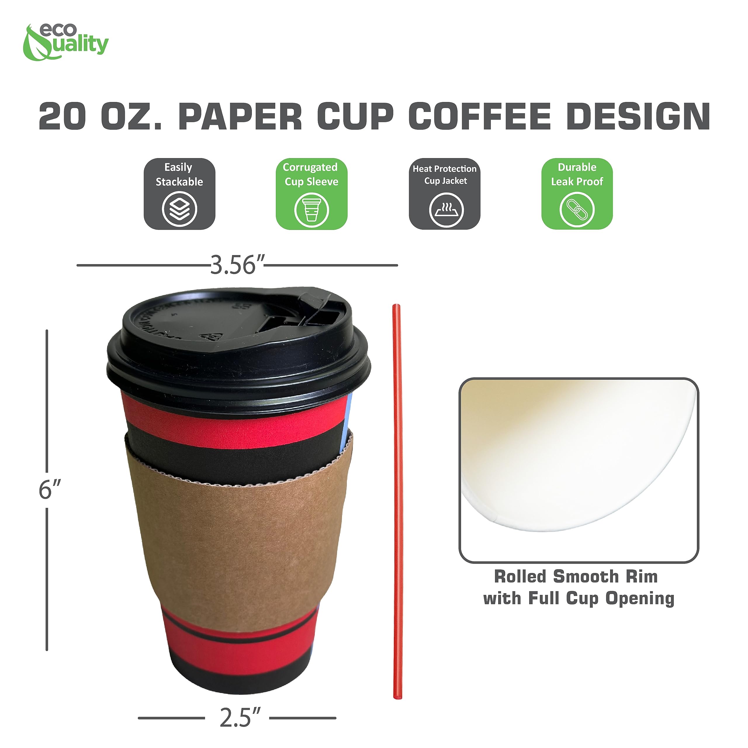 EcoQuality 20oz Disposable Coffee Cups Combo Set - 1000 Pack with Black Dome Lids, Sleeves & Stirrers | Hot/Cold Beverage Travel Mugs for Coffee, Tea, Chocolate & Latte | Perfect for Office, Parties, Cafes & On-the-Go Use
