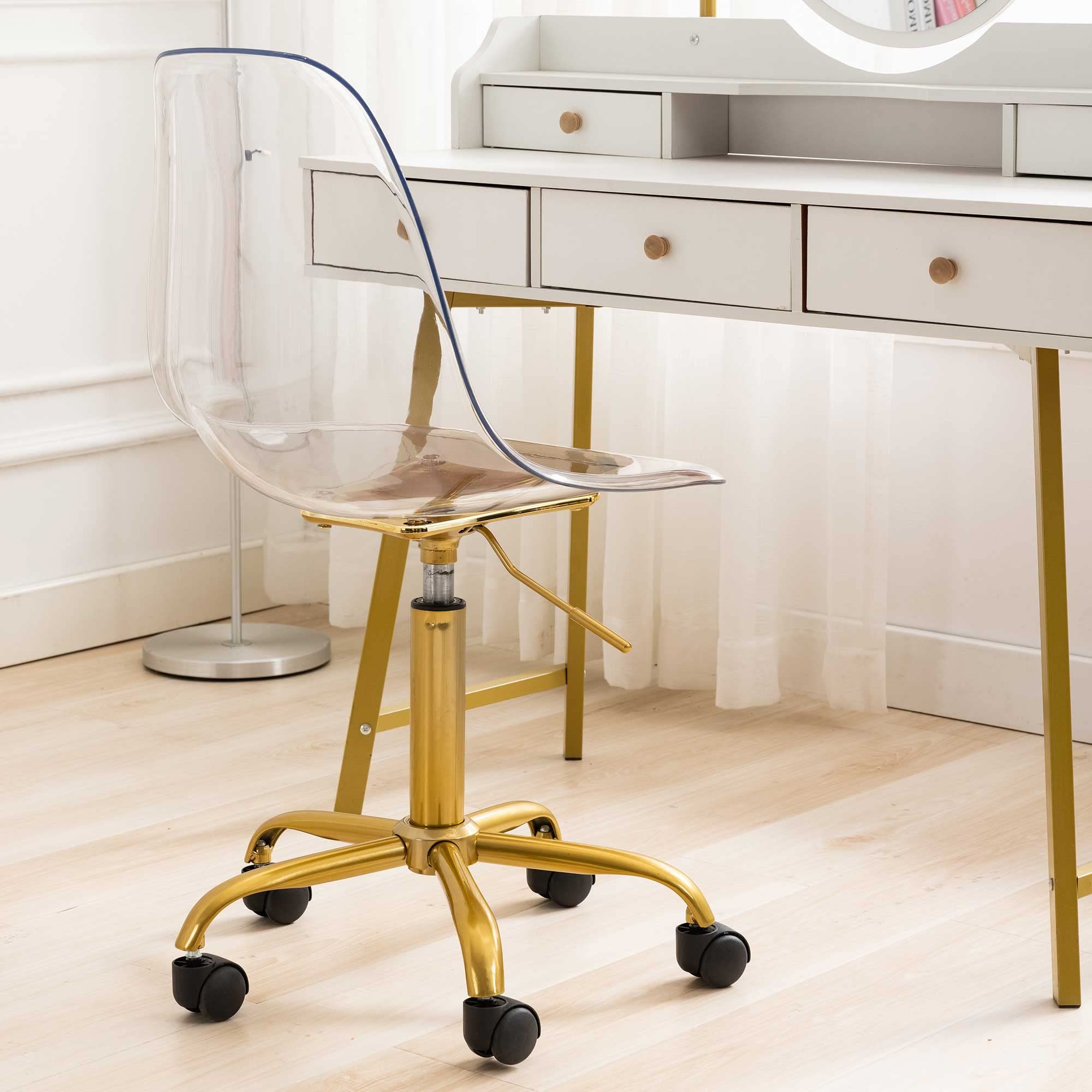 Acrylic Clear Desk Chair with Rolling Wheels & Swivel Base - Height Adjustable Armless Ghost Chair with Golden Feet for Home Office, Vanity, or Study Room