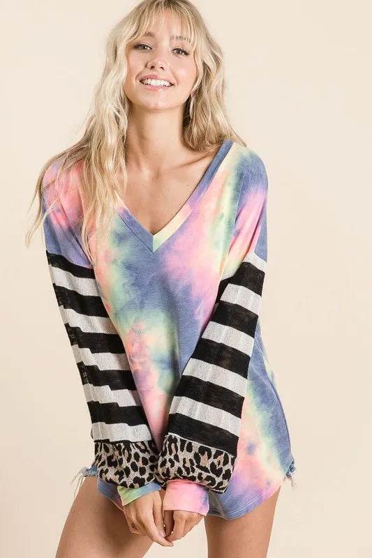 BiBi Tie Dye V-Neck Top with Stripe Puff Sleeves - Women's Boho Chic Blouse for Summer, Beach, and Music Festivals