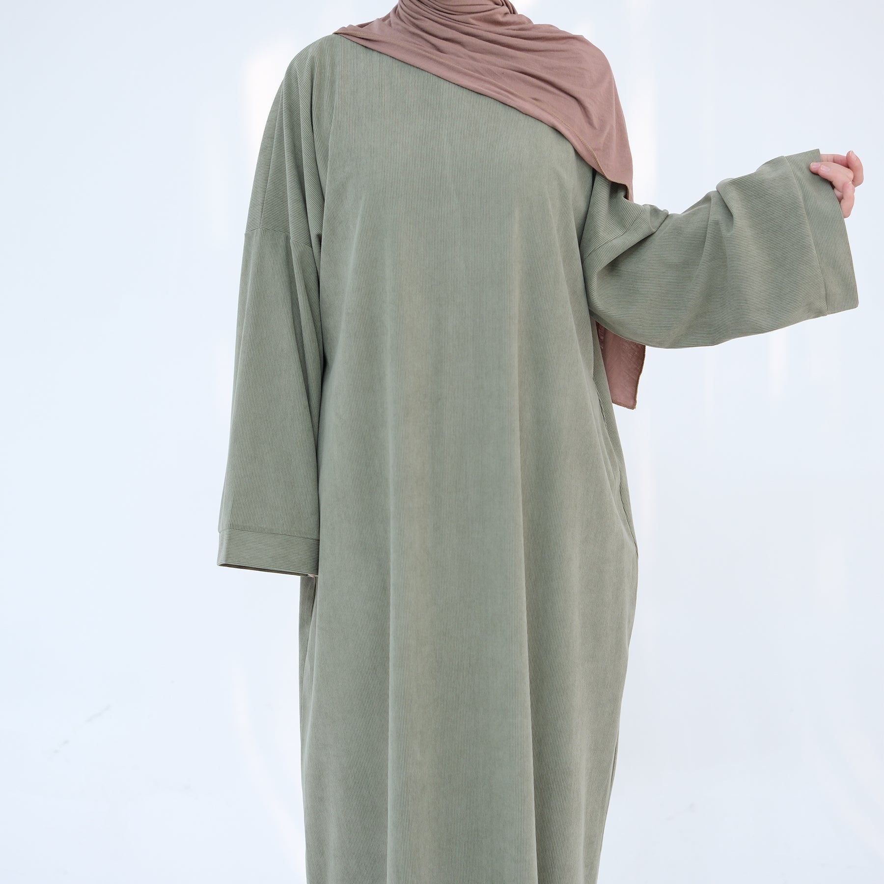 Annan Corduroy Abaya Dress for Women - Elegant Long Sleeve Maxi Dress in Sage Green | Perfect for Prayer, Modest Fashion, and Special Occasions