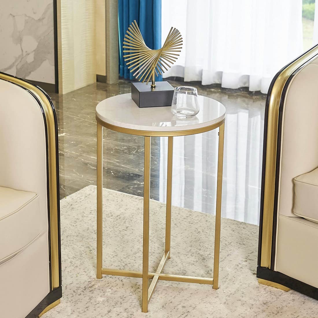 Modern Round Side Table with Marble Top & Gold Metal Base - 15.75