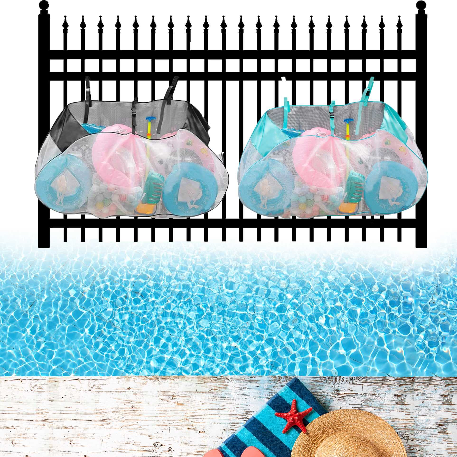 SHENGMEI Large Hanging Pool Storage Bag - Waterproof Mesh Organizer for Pool Toys, Basketballs & Accessories - Heavy Duty 2-Pack for Above Ground Pools (Perfect for Backyard, Summer Pool Parties & Swim Gear Organization)