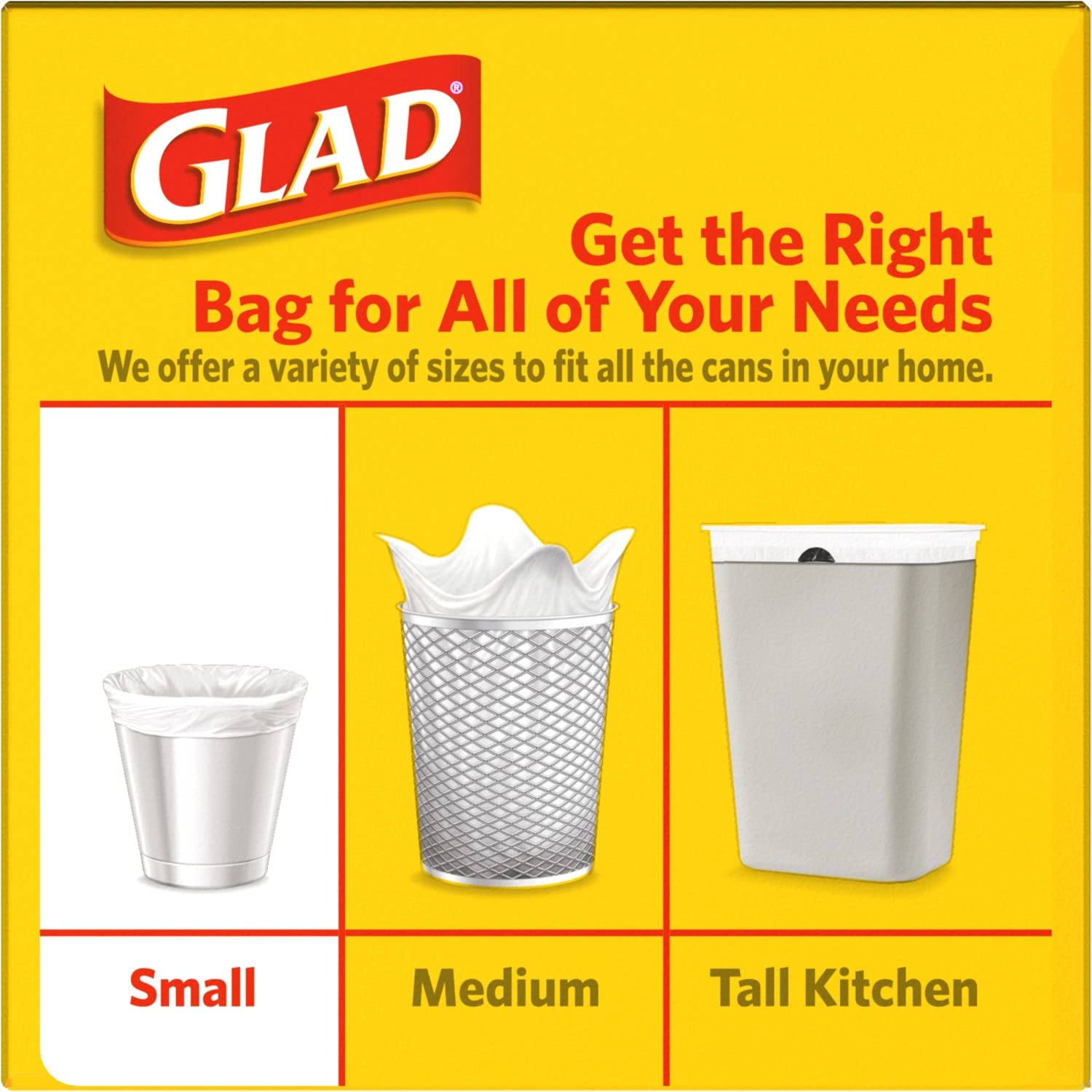 Glad Small Trash Bags 4 Gallon - 30 Count (Pack of 6) | Mini Garbage Bags for Bathroom, Office, Bedroom & Car Waste Disposal | Unscented & Durable Kitchen Trash Can Liners