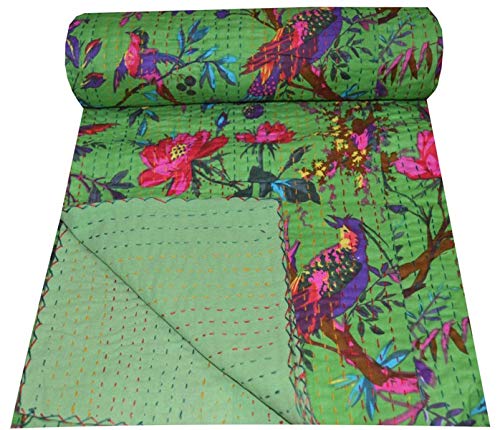 YUVANCRAFTS Indian Bird Print Kantha Quilt - Twin Size Cotton Throw Blanket, Vintage Boho Bedspread & Bed Cover (Green) - Perfect for Boho Home Decor, Guest Room & Cozy Living Room