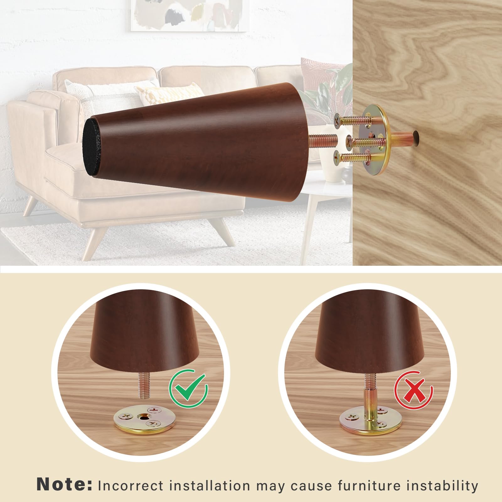 4 Inch Round Brown Wooden Furniture Legs - Set of 4 Replacement Sofa Legs for Armchair, Cabinet, Dresser | Mid Century Modern Style | DIY Home Improvement Projects | Perfect for Living Room, Bedroom & Office Furniture Upgrade