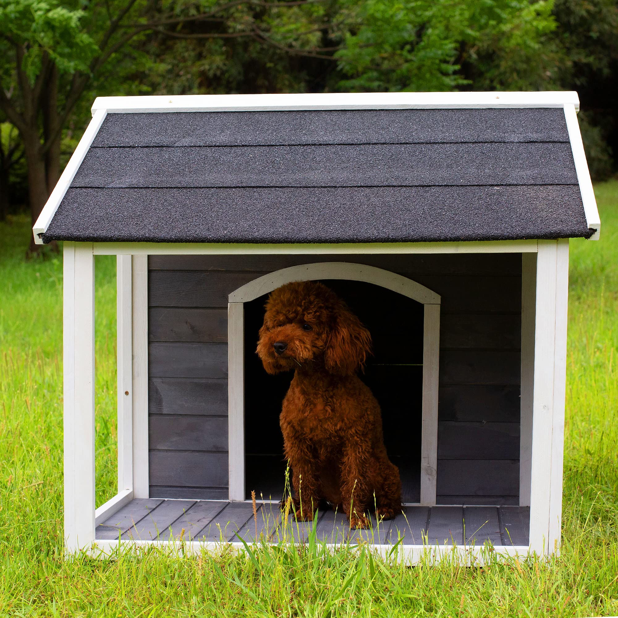 Large Outdoor Wooden Dog House - Waterproof & Windproof Insulated Dog Kennel with Porch Deck - Durable Weatherproof Shelter for Medium to Large Dogs - Perfect for Backyard, Patio, or Garden Use