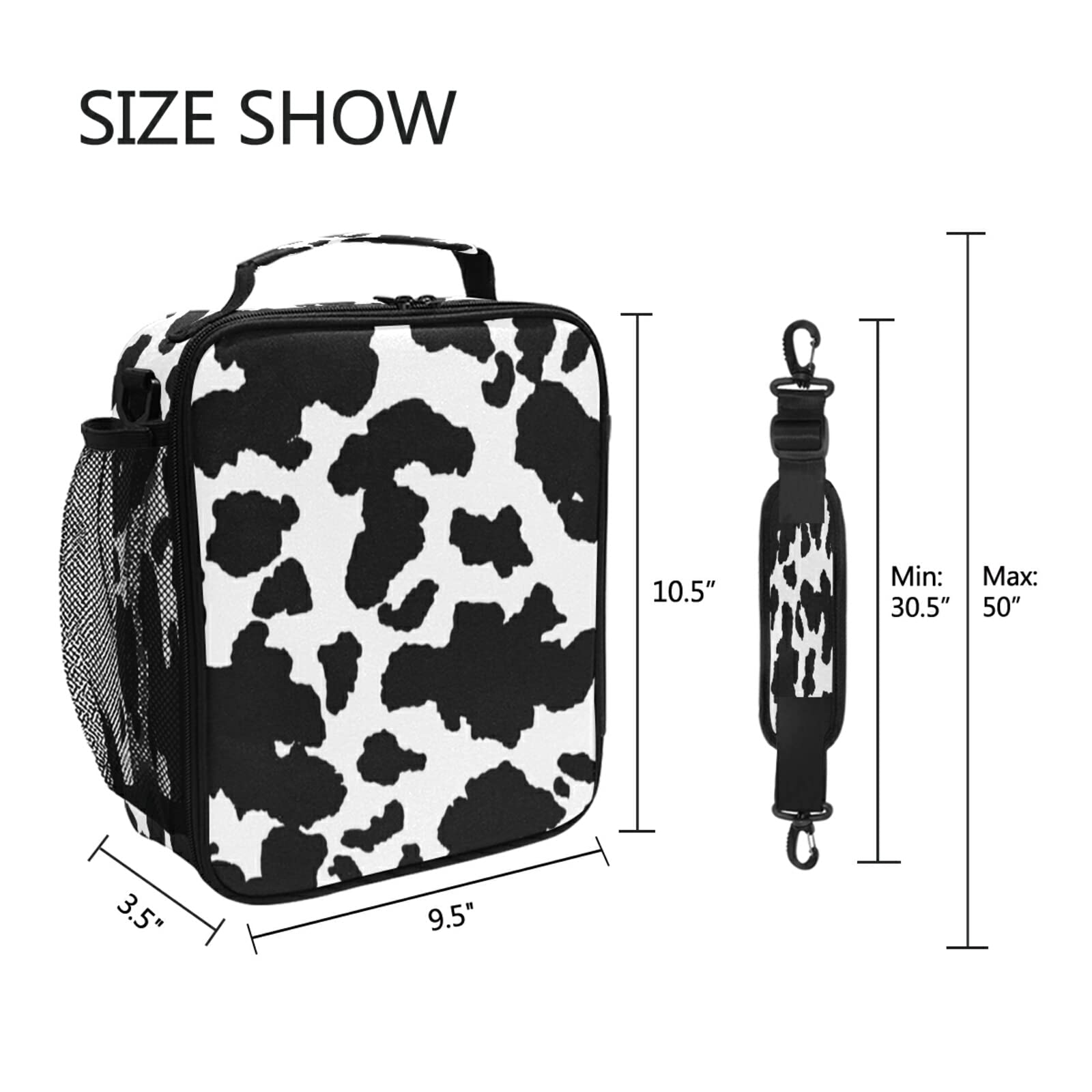 Stylish Black & White Cow Print Insulated Lunch Bag for Women & Men - Leakproof Thermal Cooler Tote with Shoulder Strap - Perfect for School, Office, Work, Picnics & Outdoor Activities