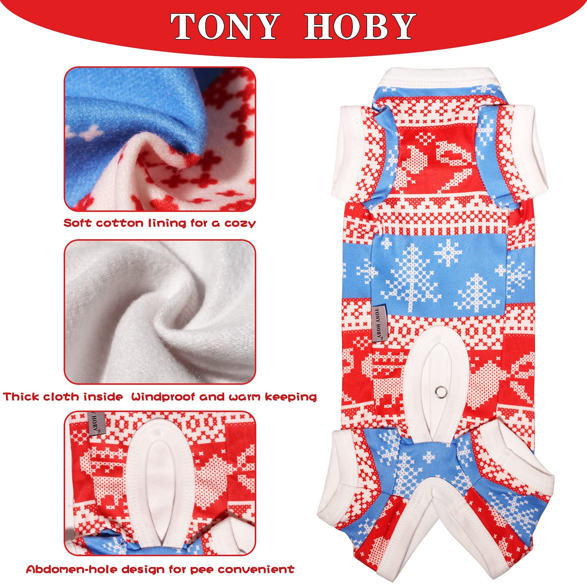 TONY HOBY Dog Pajamas - Warm Fleece Dog Jumpsuit with Snowflake Pattern for Small & Medium Dogs (Red & White, Boys, Size S) - Cozy Winter Outfit for Indoor & Outdoor Pet Comfort