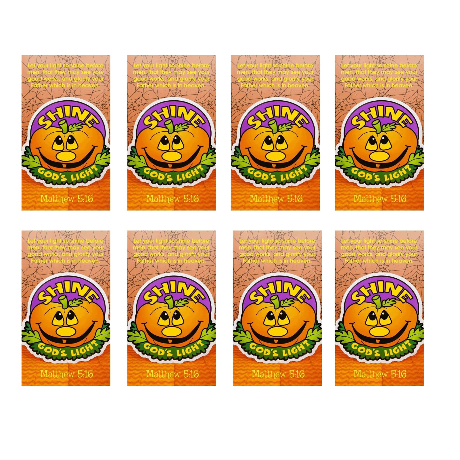 Biblebanz Orange 'Let Your Light Shine' Halloween Pumpkin Pocket Cards - Bulk Pack of 100 for Trunk or Treat, Sunday School Handouts & Christian Religious Bookmarks - Perfect for Church Events, Bible Study Gifts & Fall Festival Giveaways