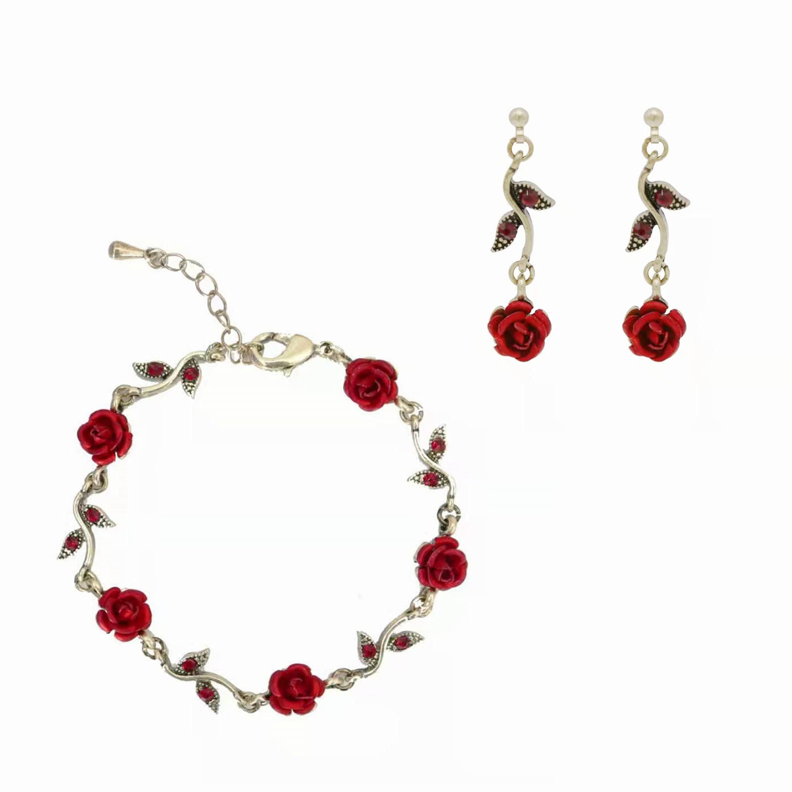 Vintage Red Rose Flower Link Charm Bracelet Set for Women - Elegant Rose Necklace & Pendant Bracelet Jewelry Set - Perfect for Birthday, Wedding, Mother's Day, Christmas Gifts & Party Accessories (Great for Date Night, Anniversary, Valentine's Day & Special Occasions)