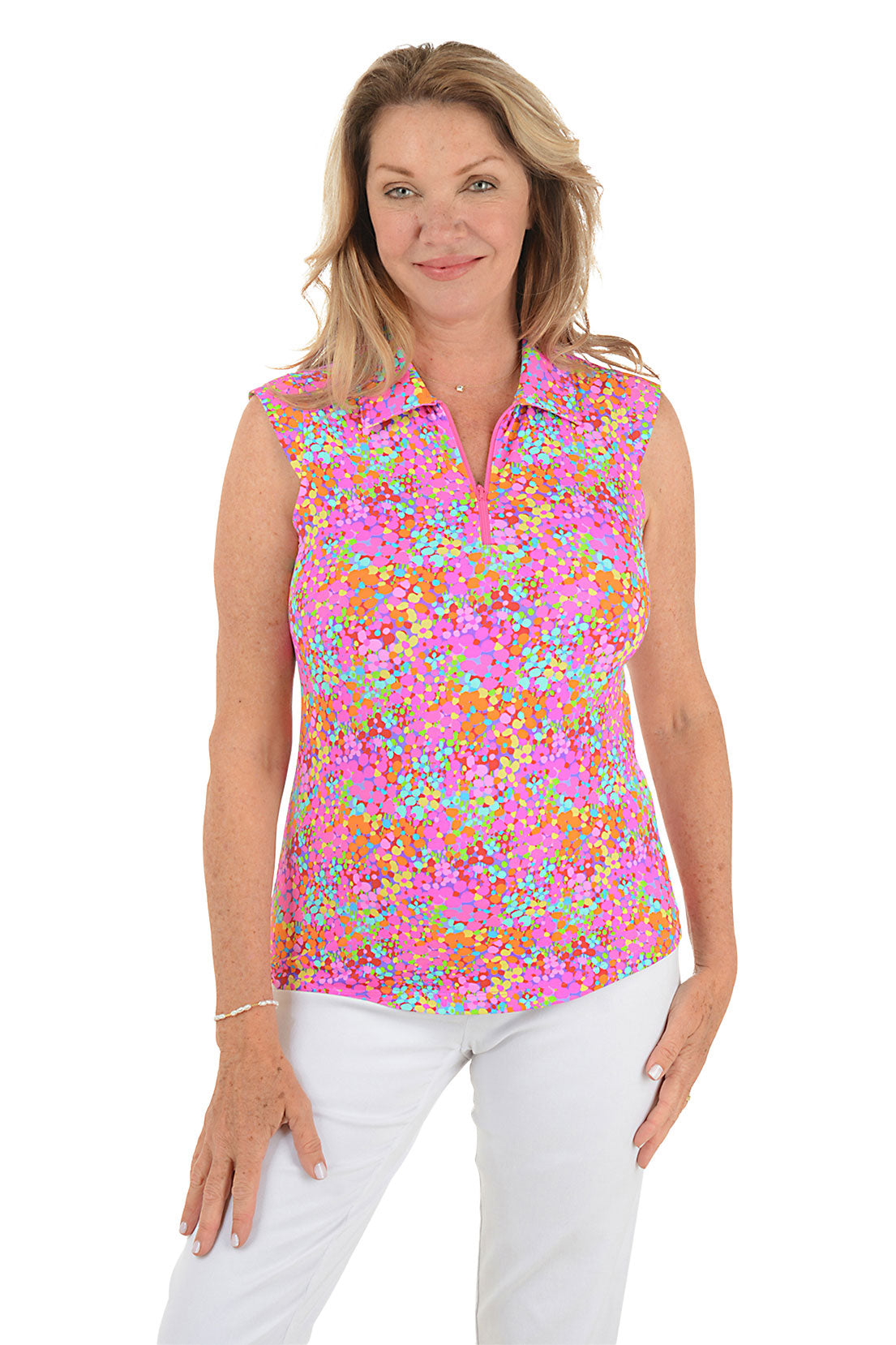 Hot Pink Allana Speckled Sleeveless UPF50+ Polo Shirt for Women - Sun Protection Golf & Tennis Top for Outdoor Sports & Summer Activities