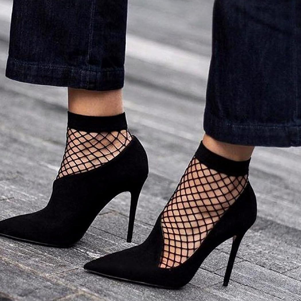 Yokawe Black Fishnet Socks for Women - 3 Pairs Ultra Thin Mesh Sheer Lace Ankle Socks | Stylish Dress Socks for Party, Cosplay, Halloween & Daily Fashion Outfits