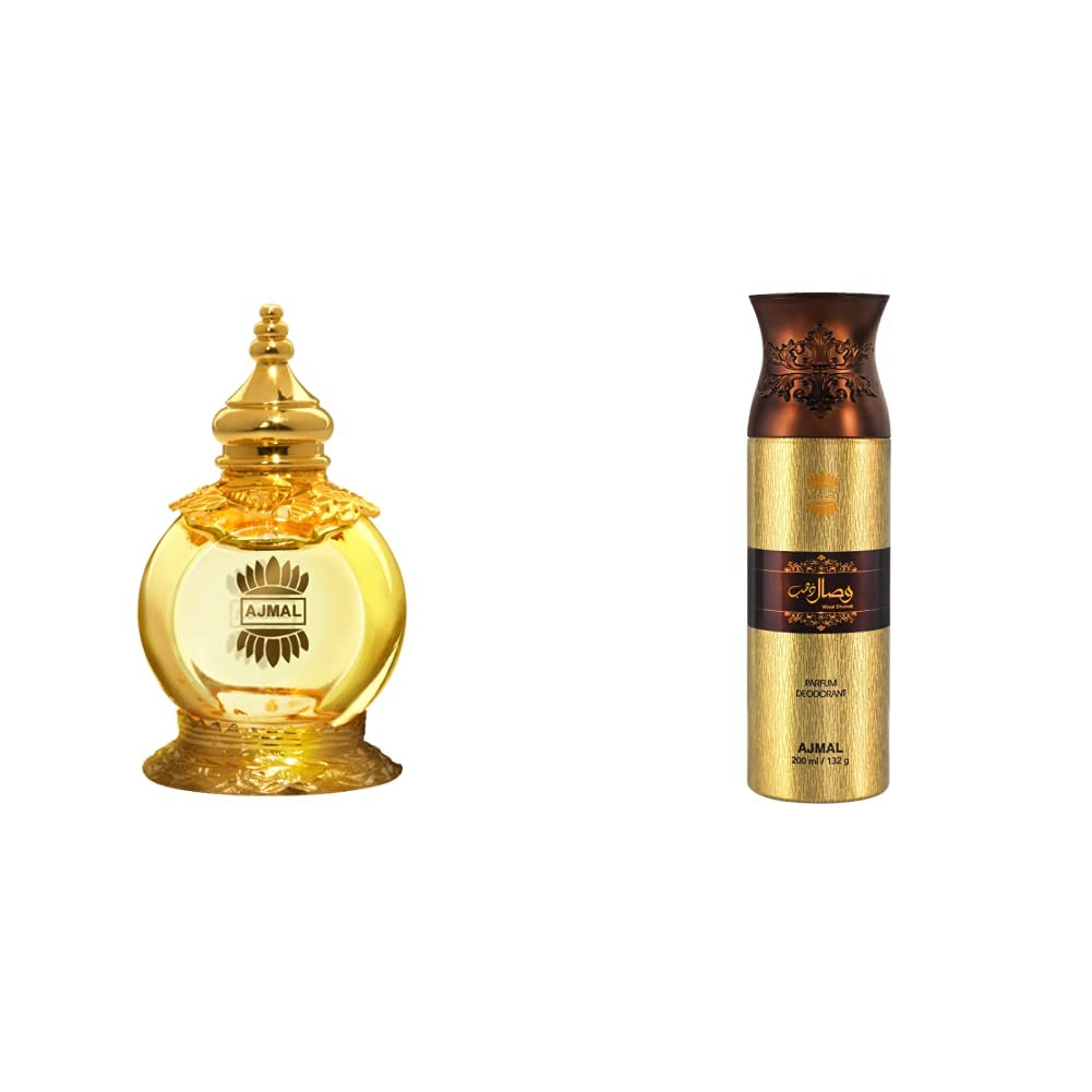 Ajmal Mukhallat Al Wafa Alcohol-Free Oriental Perfume Oil 12ml - Unisex Fragrance & Ajmal Wisal Dhabab 200ml Perfume Body Spray Gift Set for Men - Long Lasting Scent for Date Night, Office, and Special Occasions