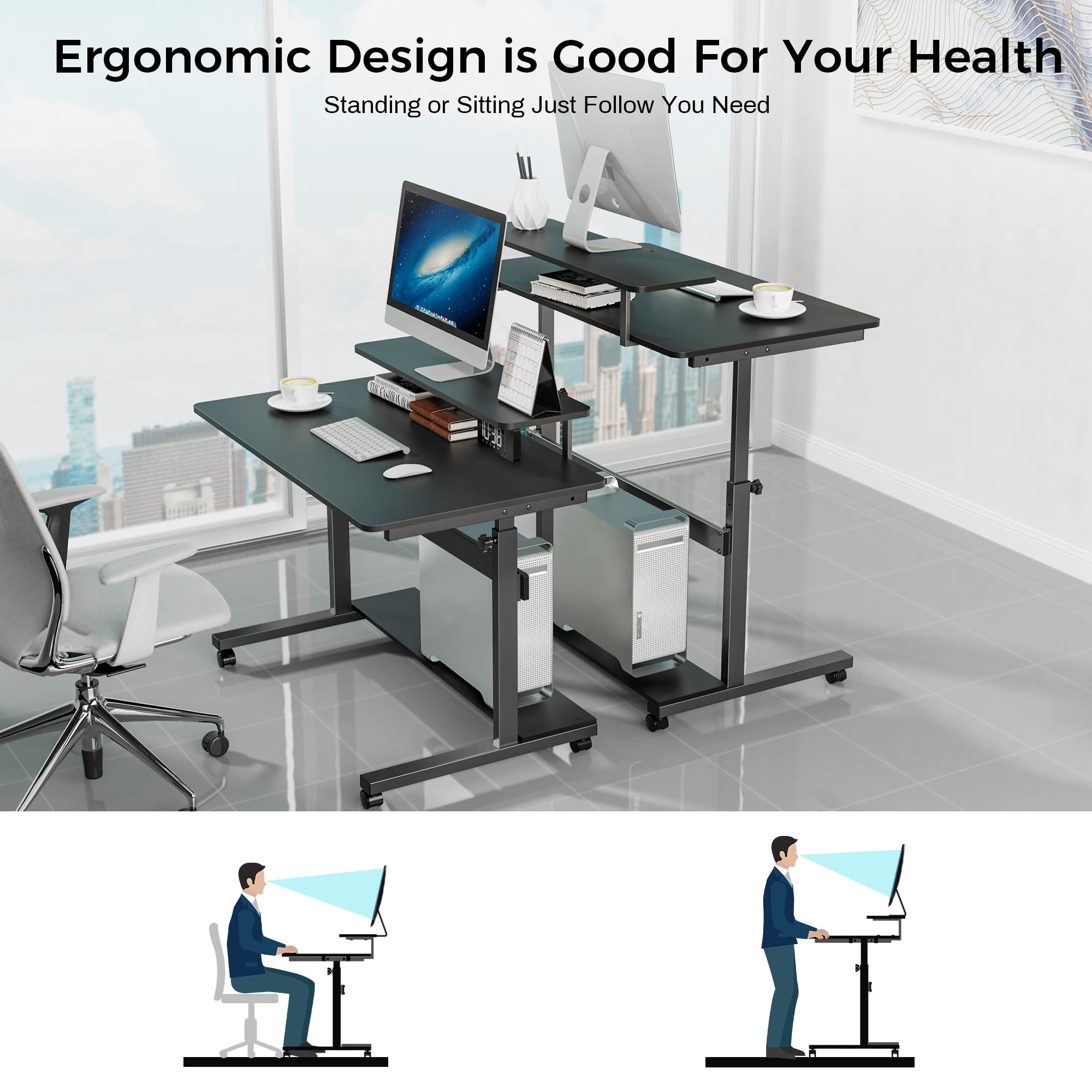 Eureka Ergonomic 41-Inch Adjustable Height Computer Desk with Hutch, CPU Stand & Lockable Wheels - Rolling Sit Stand Desk for Home Office - Black | Perfect for Small Spaces & Remote Work
