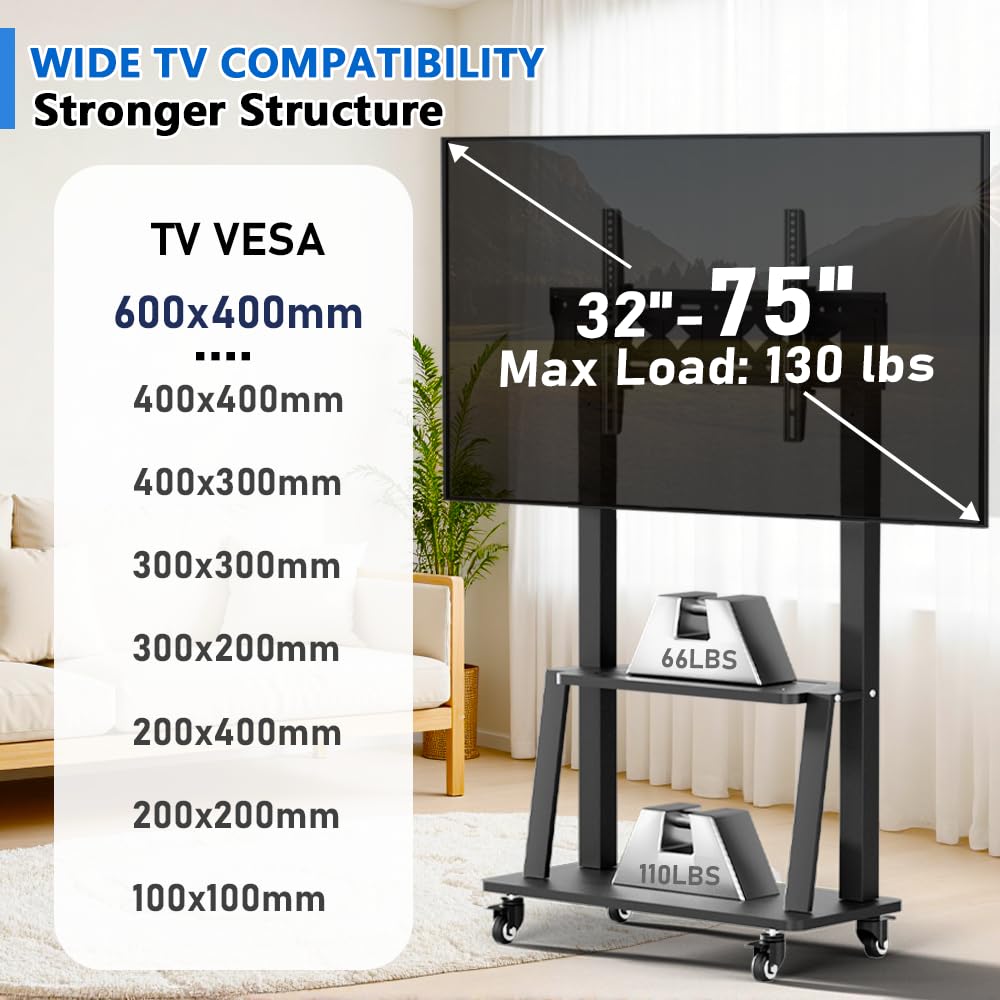 Portable Mobile TV Cart Stand with Wheels for 32-75 Inch TVs - Adjustable Height & 15° Viewing Angle, 130LBS Capacity, VESA 600×400 - Perfect for Living Room, Bedroom, or Office Entertainment Setup