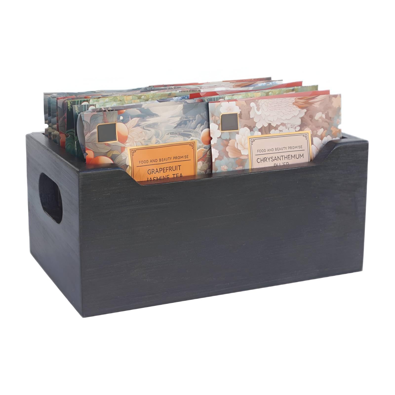 Premium Wooden Tea Bag Organizer with Handle - Compact Tea Storage Box for Teabags, Sugar Packets, Drink Mixes & Sweeteners - Perfect for Kitchen Countertop, Office Desk & Tea Station Organization