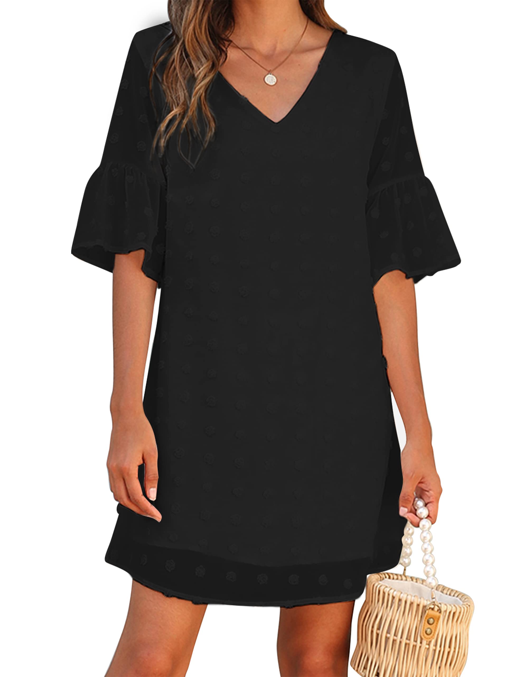Women's White Chiffon Flowy Shift Mini Dress - Short Sleeve V-Neck Ruffle Sun Dress | Perfect for Summer Outings, Beach Vacations & Casual Dates