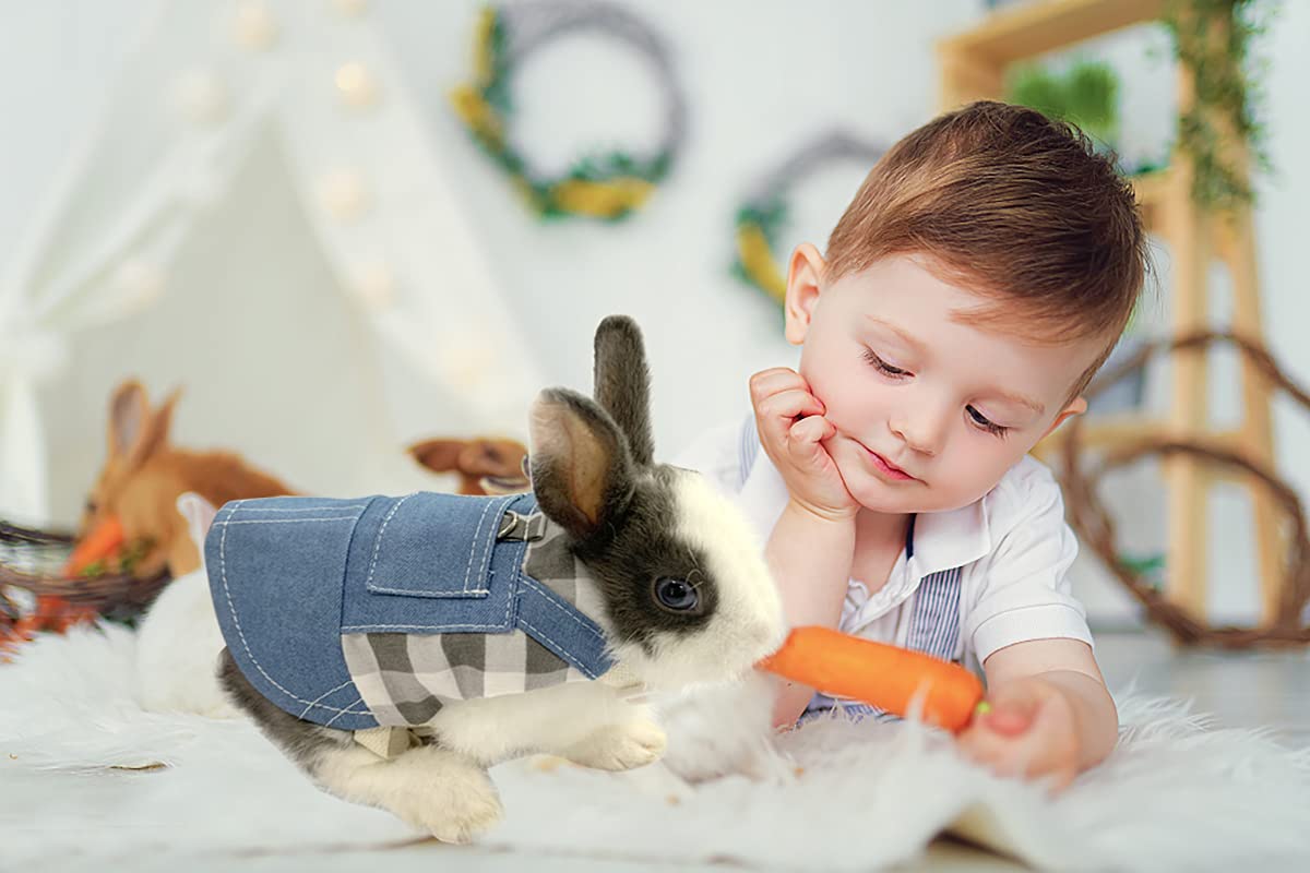 Vehomy Small Animal Harness and Leash Set - Adjustable Rabbit Harness, Guinea Pig Leash & Bunny Plaid Outfit for Chihuahua, Kitten & Other Pets - Perfect for Outdoor Walks, Pet Photos & Costume Parties (Blue Denim & Black/White Plaid)