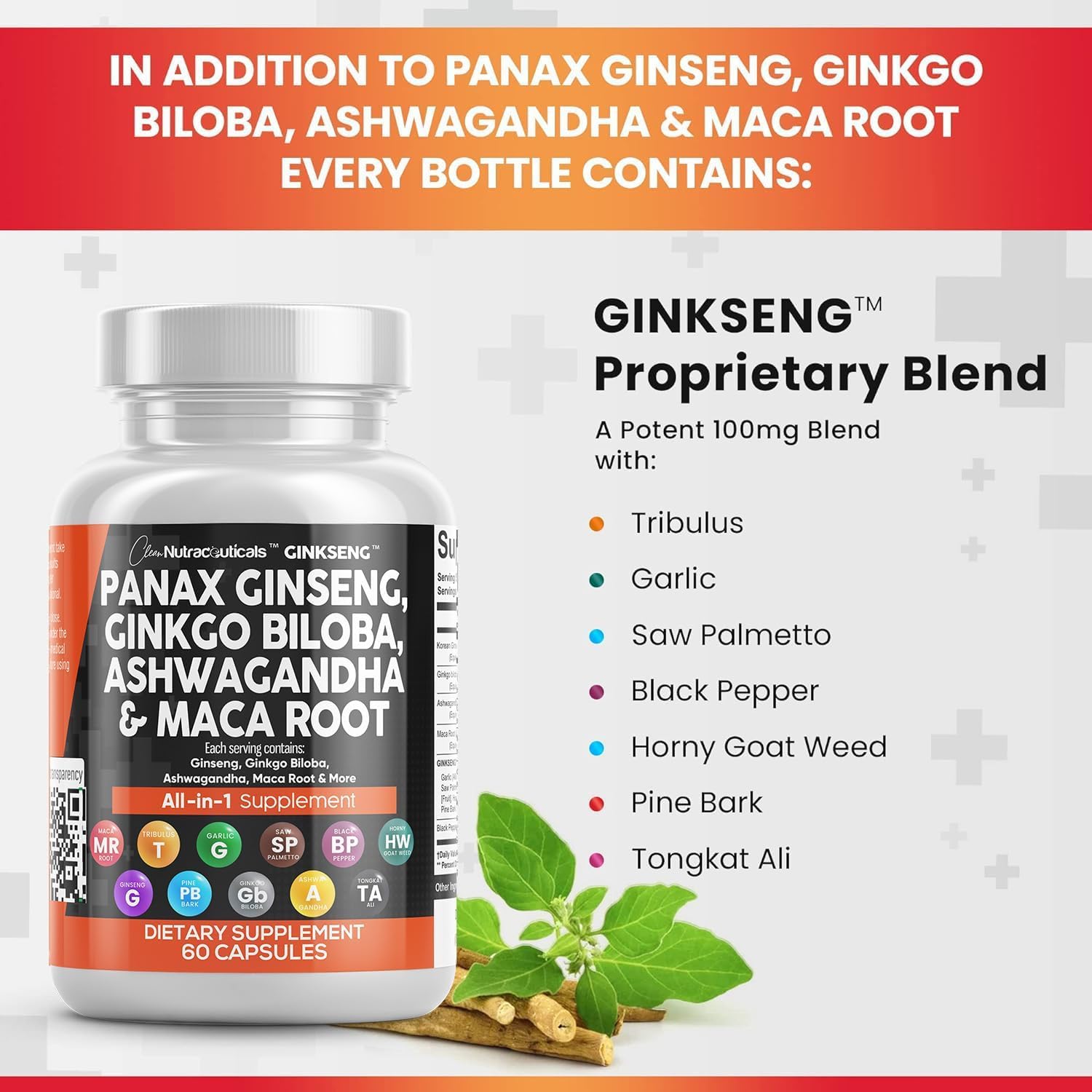 Premium Panax Ginseng Ginkgo Biloba Ashwagandha Maca Root Supplement - Natural Focus & Energy Booster for Men & Women - with Pine Bark Extract, Garlic & Saw Palmetto - 60 Vegan Capsules - Ideal for Workout, Study & Mental Clarity