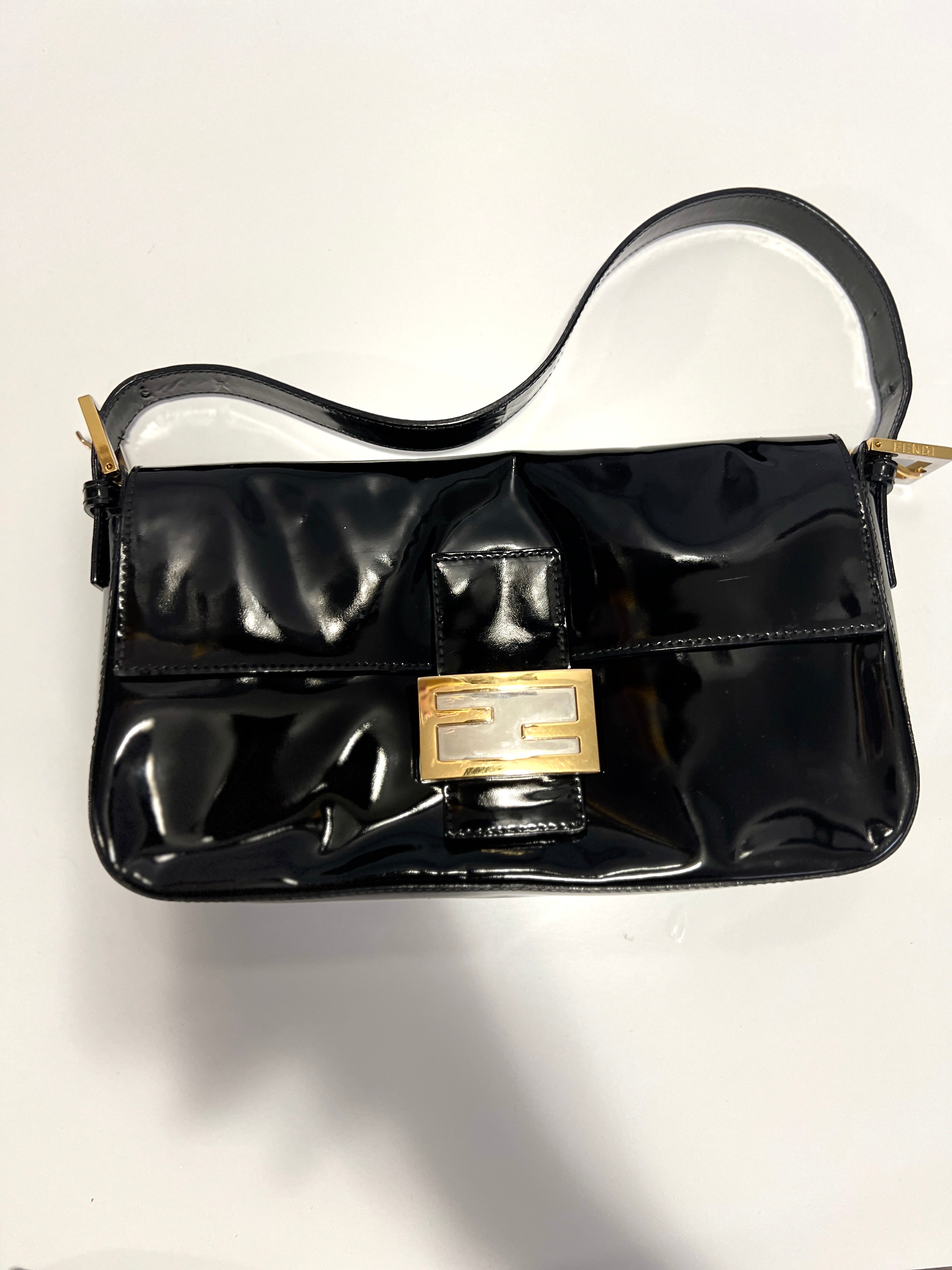 Fendi Black Patent Leather Baguette Bag - Luxury Designer Crossbody Purse for Women, Perfect for Evening Parties & Date Nights