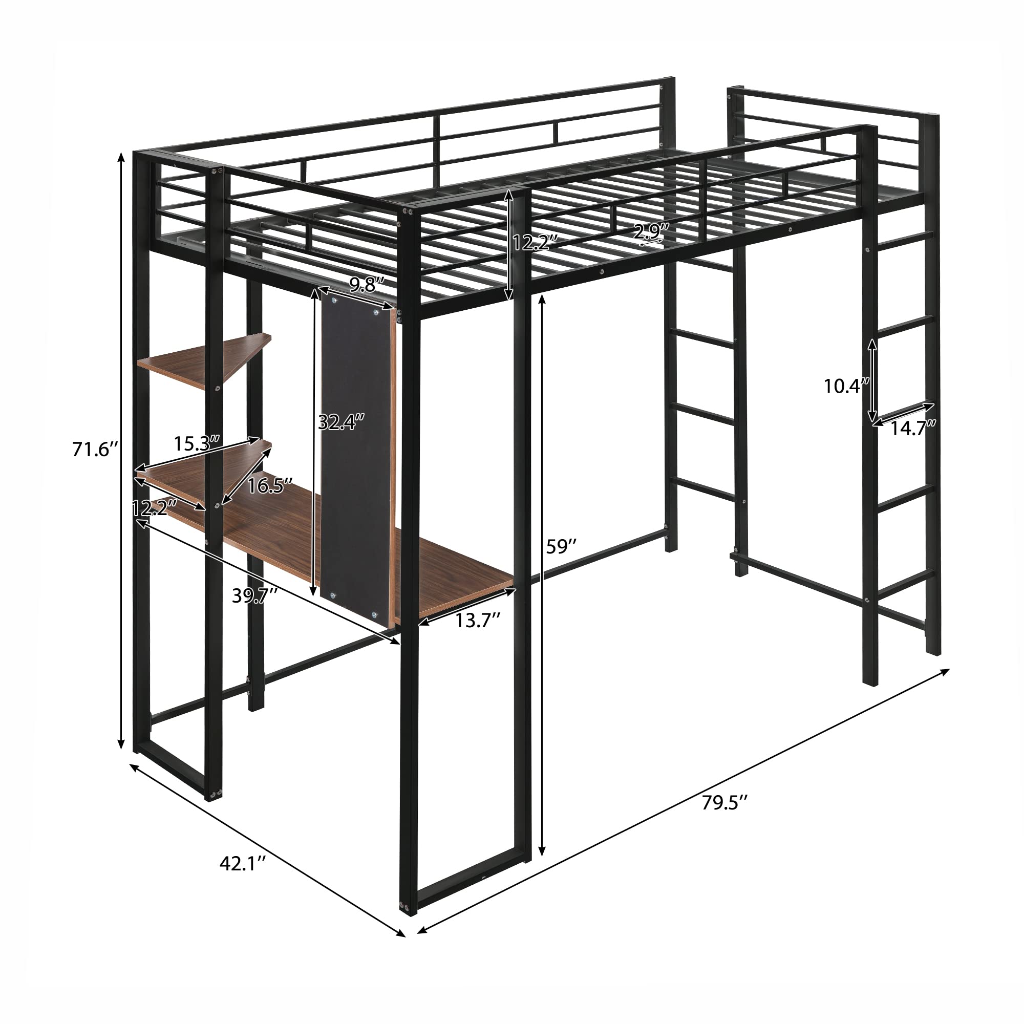 Twin Size Loft Bed with Study Desk & Storage Shelves - Sturdy Metal Frame with Safety Ladders & Guardrails - Space-Saving Design for Small Bedrooms, Dorms or Guest Rooms - Black Modern Furniture for Teens & Adults