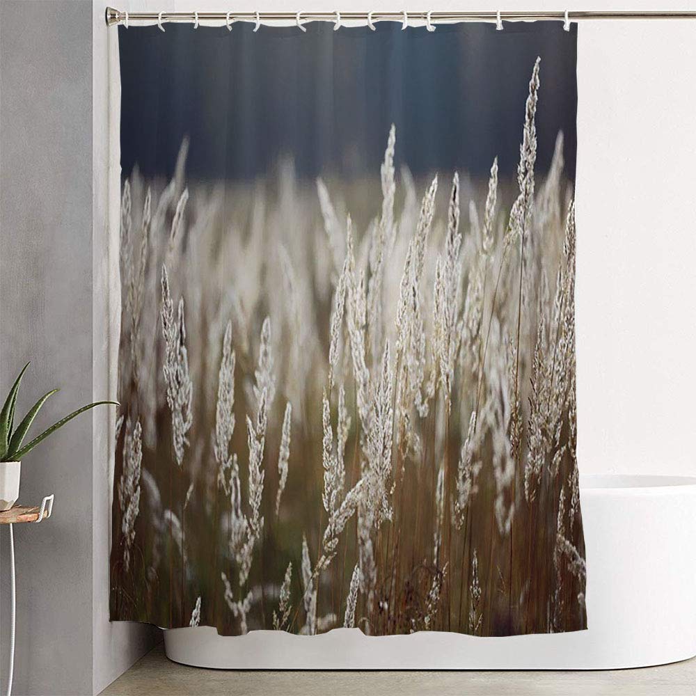 Waterproof Floral Shower Curtain - Phragmites Communis Pond Closeup Design, Brown Sedge Spring Grass Autumn Bog Bullrush Nature Print, 60x72 Inch Bathroom Decor for Modern, Farmhouse & Coastal Style Homes