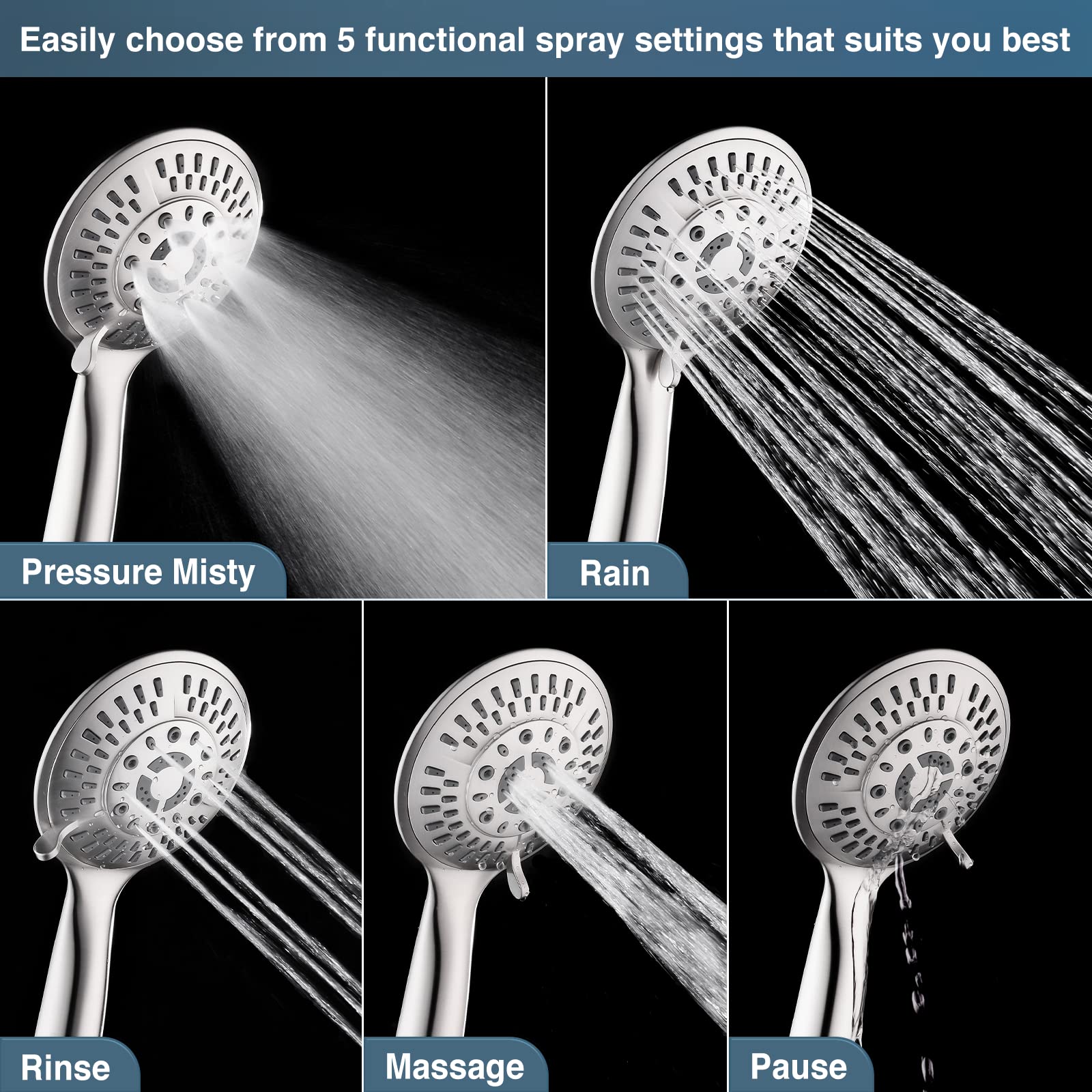 BRIGHT SHOWERS Luxury Rain Shower System - 60 Inch Adjustable Rainfall Shower Head with Handheld Spray & Brushed Nickel Stainless Steel Hose - Perfect for Spa-Like Bathroom Experience & Relaxing Shower Time