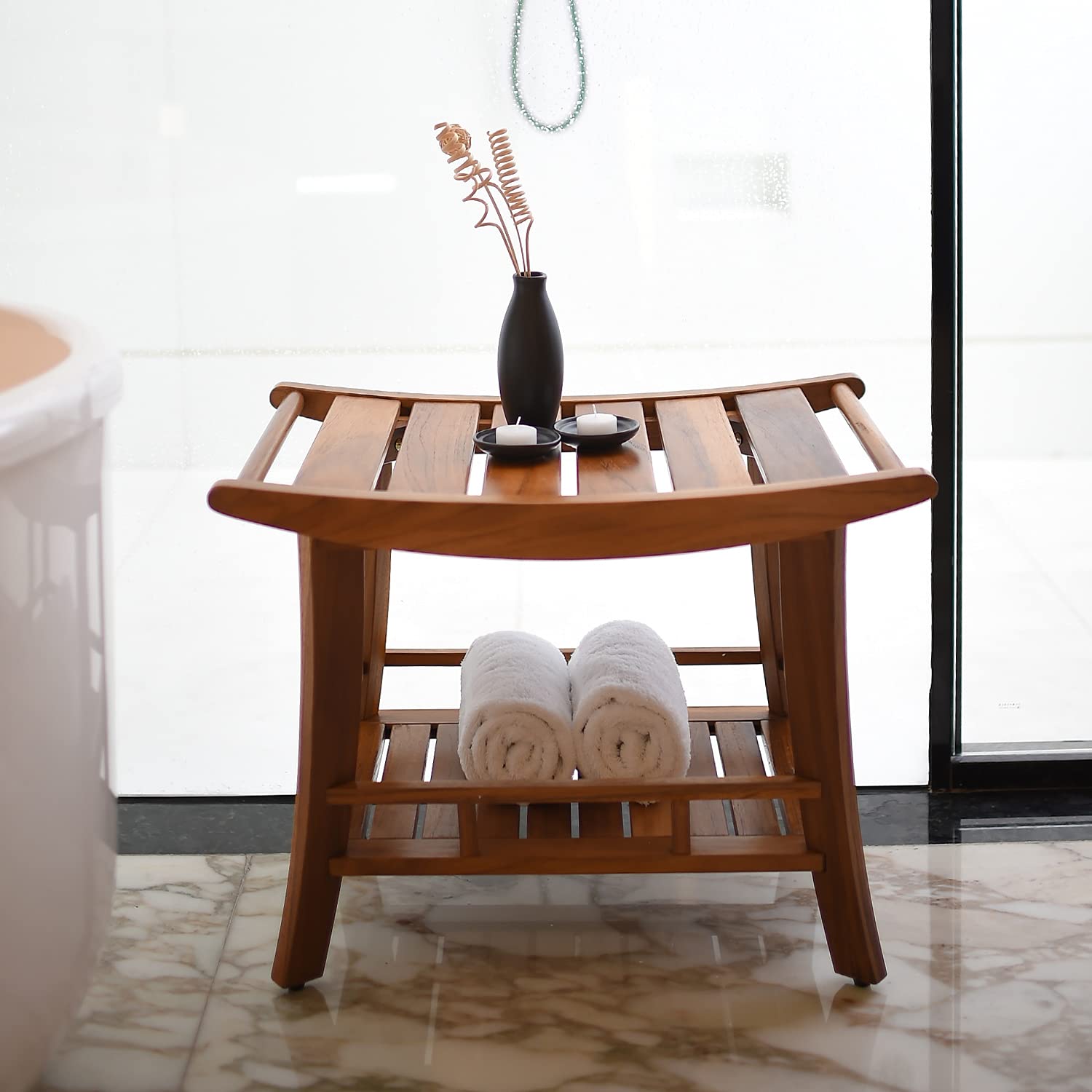 Cambridge Casual Teak Wood Estate Shelf - Natural Brown Shower Bench | Rustic Bathroom Decor, Spa Seating & Entryway Storage Solution