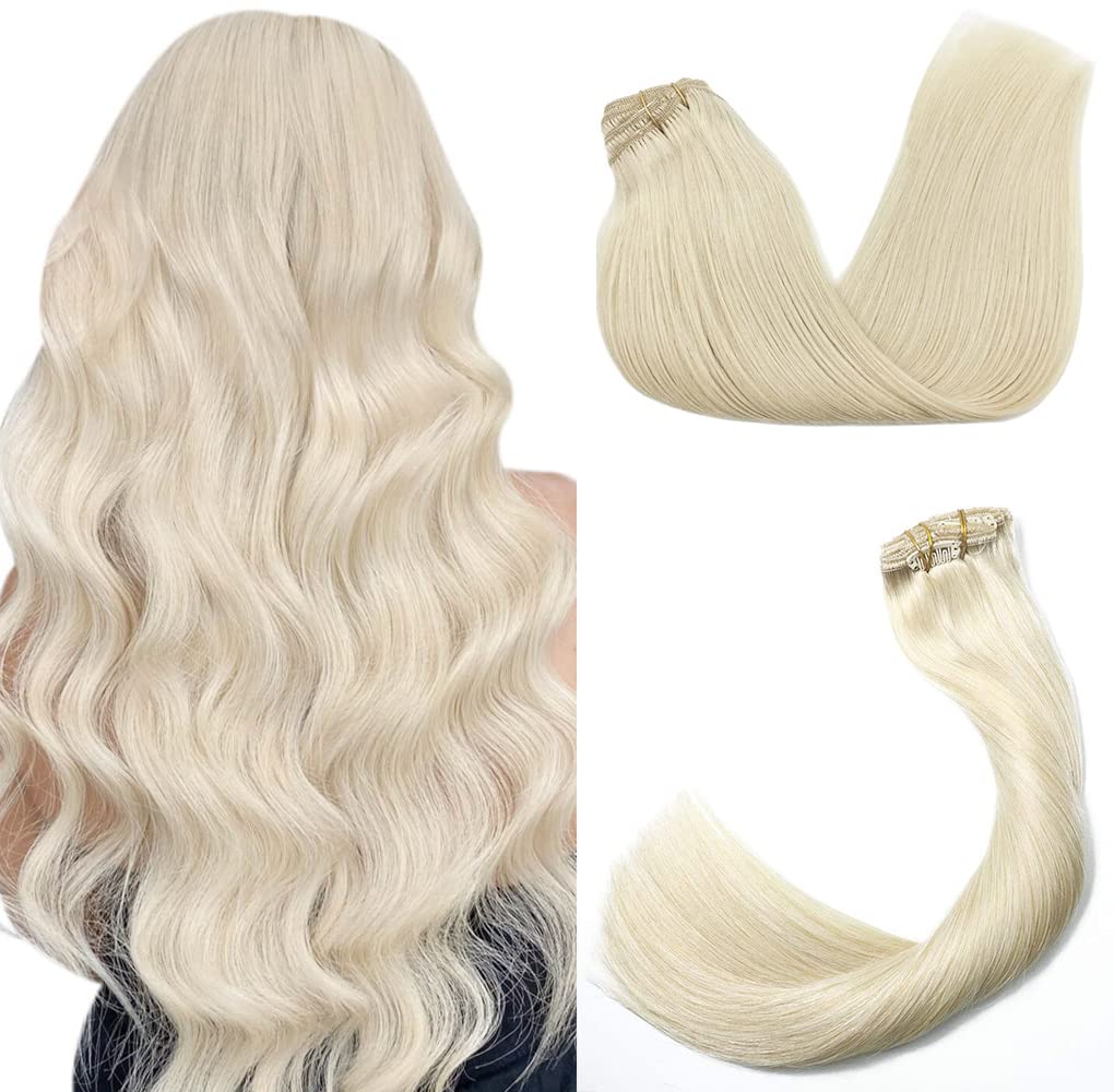 Platinum Blonde Clip-in Human Hair Extensions 9A Grade - 120g 7-Piece Double Weft Remy Hair - Silky Straight Hair Extensions for Women (22 Inches, #60 Blonde) - Perfect for Parties, Weddings & Daily Styling