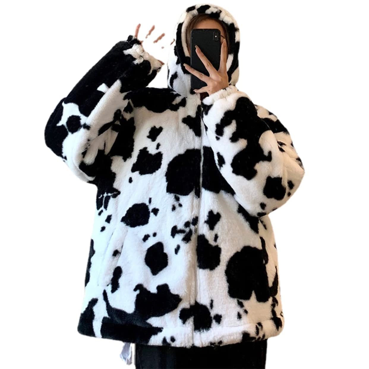 Women's Cow Print Fuzzy Fleece Jacket - Soft & Cozy Winter Outerwear for Casual Wear, Lounge & Outdoor Activities