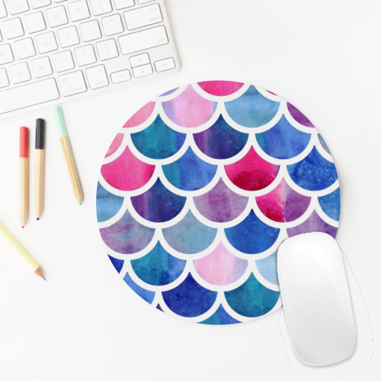 Round Gaming Mouse Pad with Mermaid Scales Design - Non-Slip Rubber Base, Portable Office & Laptop Mousepad for Wireless Mouse - Perfect for Work, Gaming & Home Computer Setup