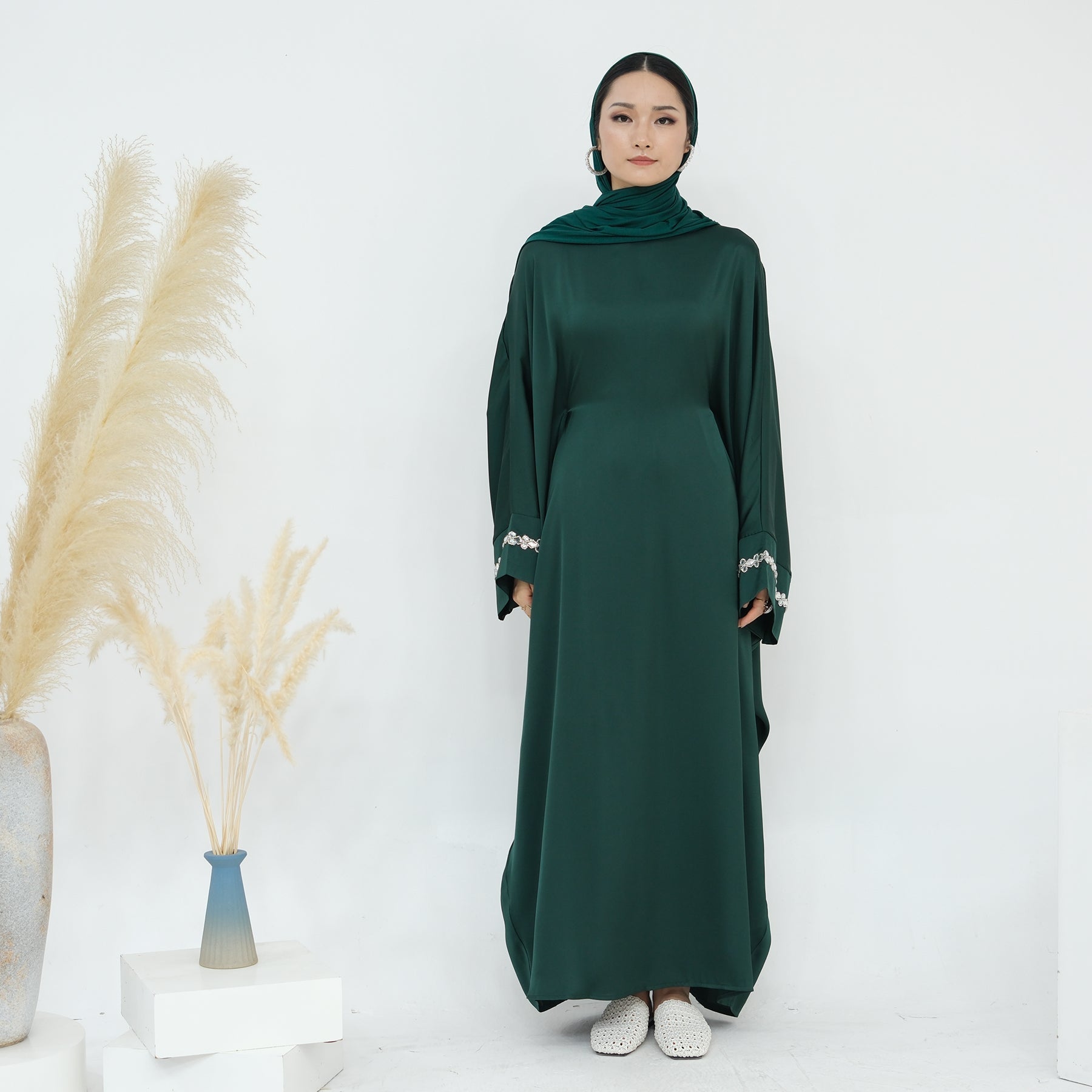 Delisa Butterfly Satin Abaya - Elegant Muslim Prayer Dress with Emerald Green Color | Perfect for Eid, Ramadan, Wedding & Special Occasions