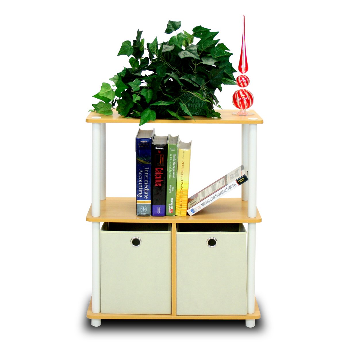 Furinno 3-Tier Multipurpose Storage Shelf - Space Saving Bookshelf Cabinet with 2 Bins for Home Office Organization, Beech Finish | Perfect for Storing Books, Toys, Kitchen Supplies & Home Decor