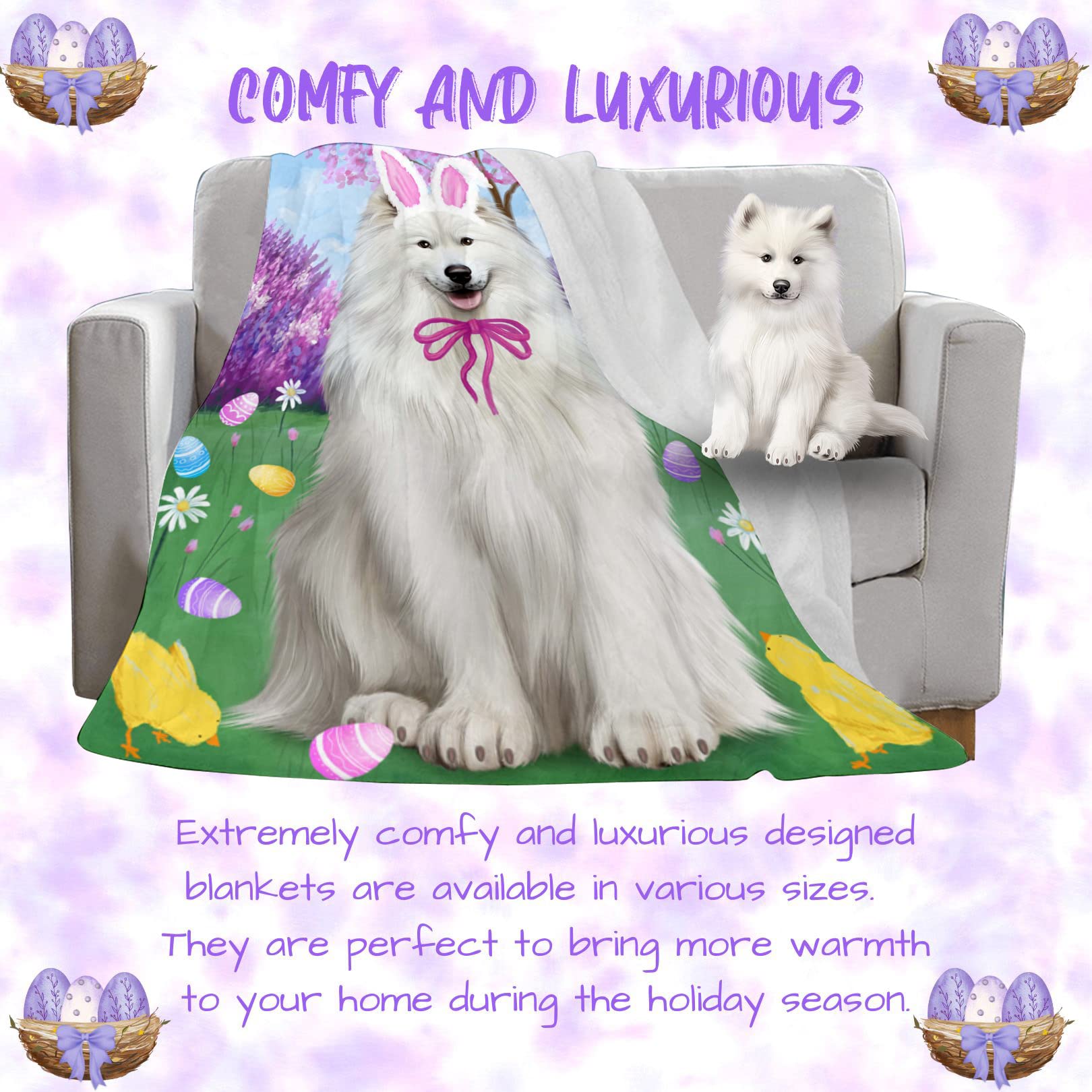 Samoyed Dog Blanket - Lightweight Soft Cozy Sherpa Throw for Easter Holiday - 50x60 Durable Pet Blanket for Sofa, Couch & Bed - Perfect for Gifts, Home Decor & Winter Snuggling