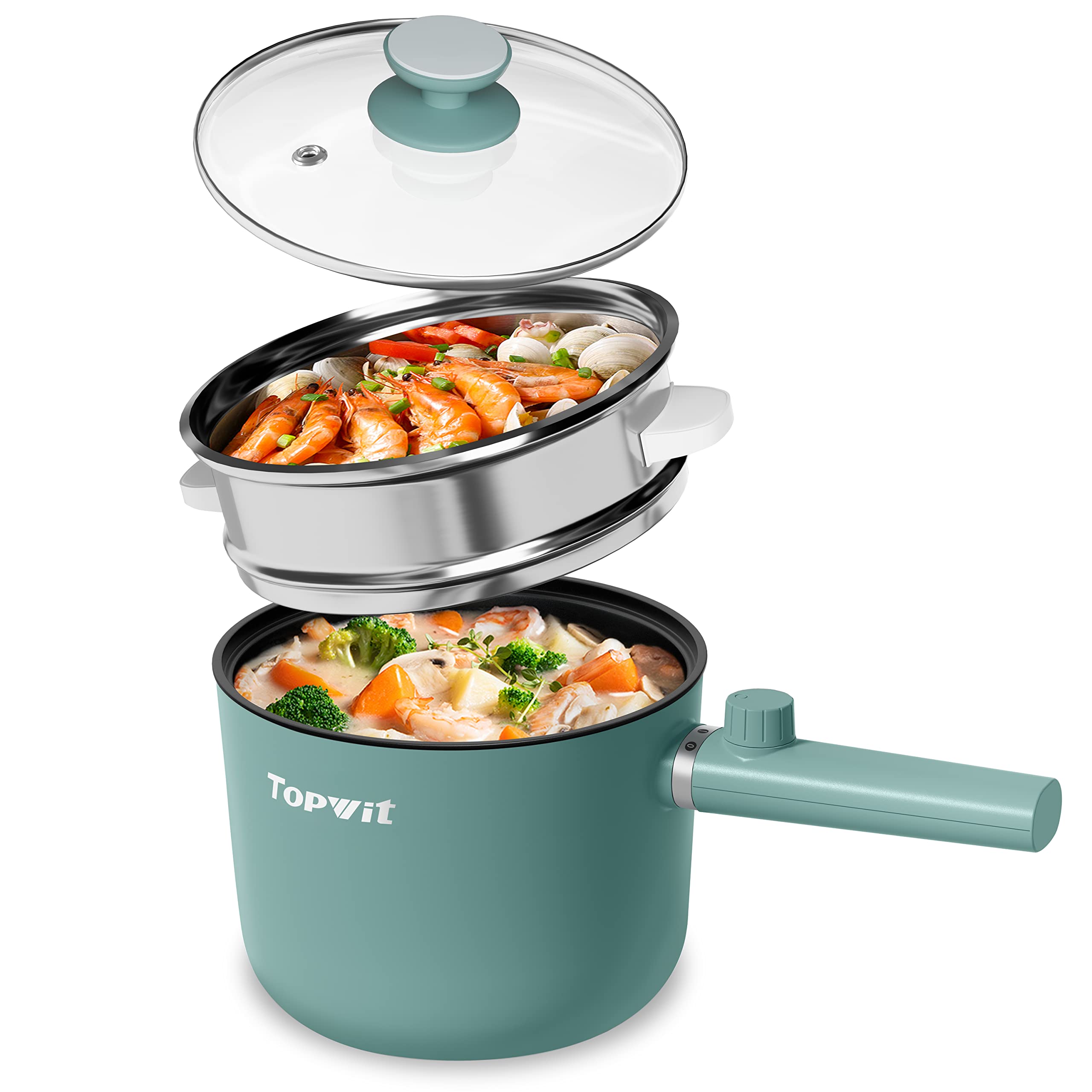 Topwit 1.5L Electric Hot Pot with Steamer - Multi-Functional Non-Stick Ramen Cooker & Pasta Pot, BPA Free, Dual Power Control with Overheating Protection - Perfect for Dorm, Office, Camping & Small Kitchen Cooking